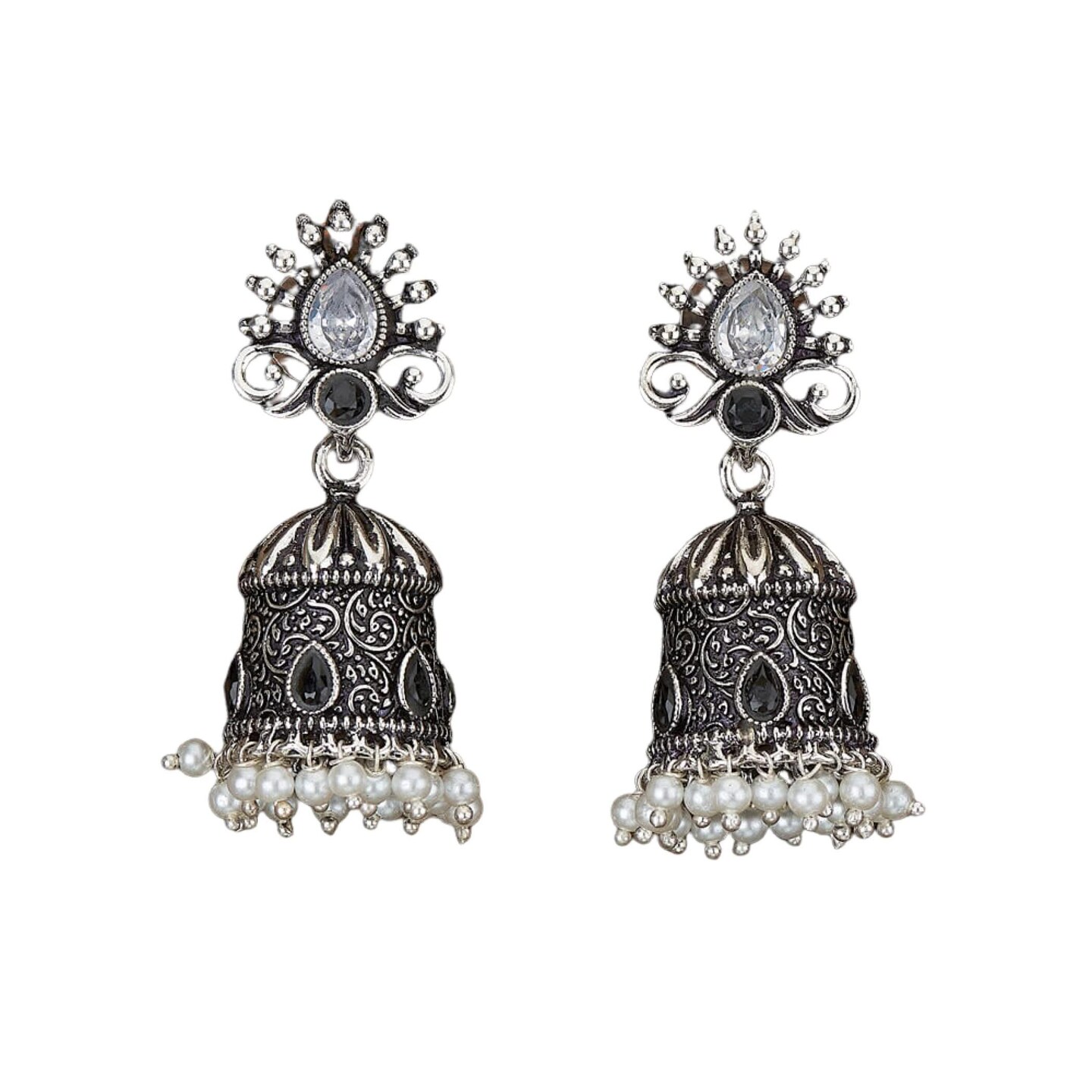 Indian Oxidized Jhumka Earrings for Women - Vintage Indian Jhumki Ethnic Chandbali Earrings Faux Pearls with Oxidized Platting Bollywood Style Dangle Earring Jewelry for Bride Gift for Her