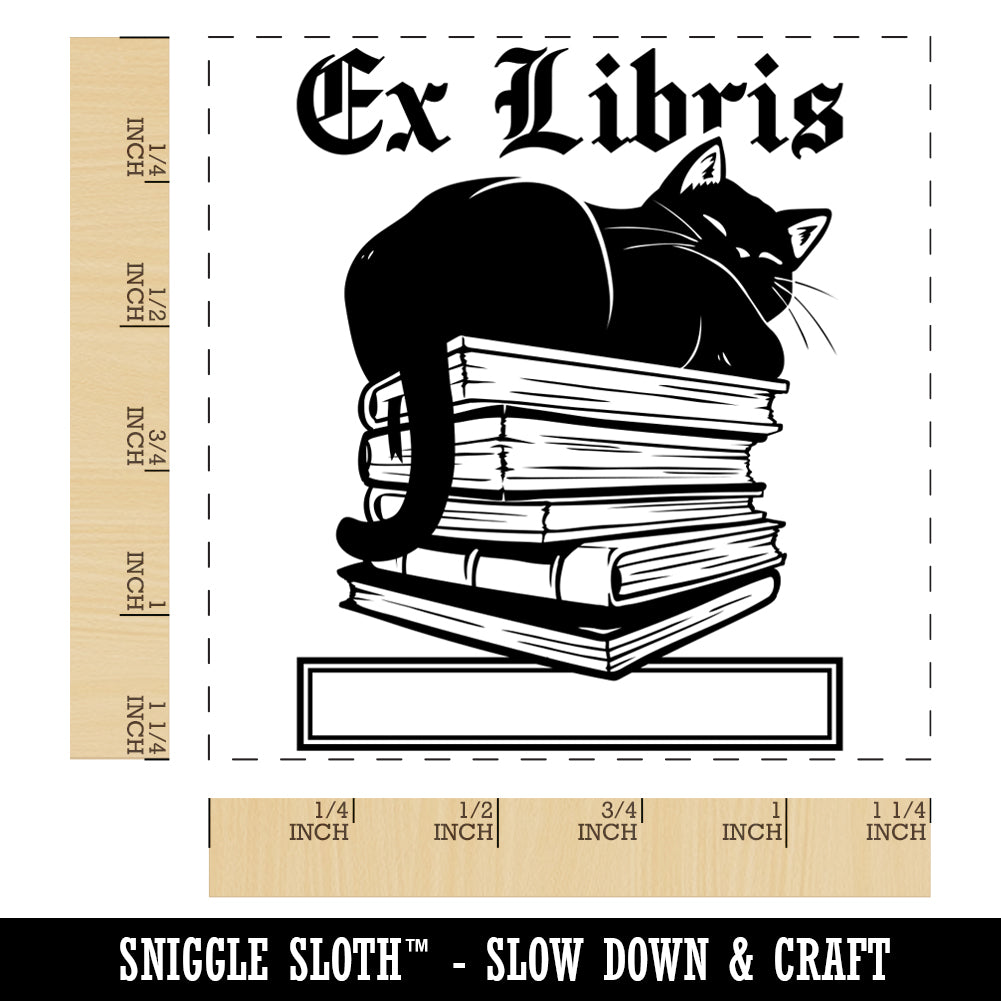 Ex Libris Cat on Stack of Books Reading Square Rubber Stamp for Stamping Crafting