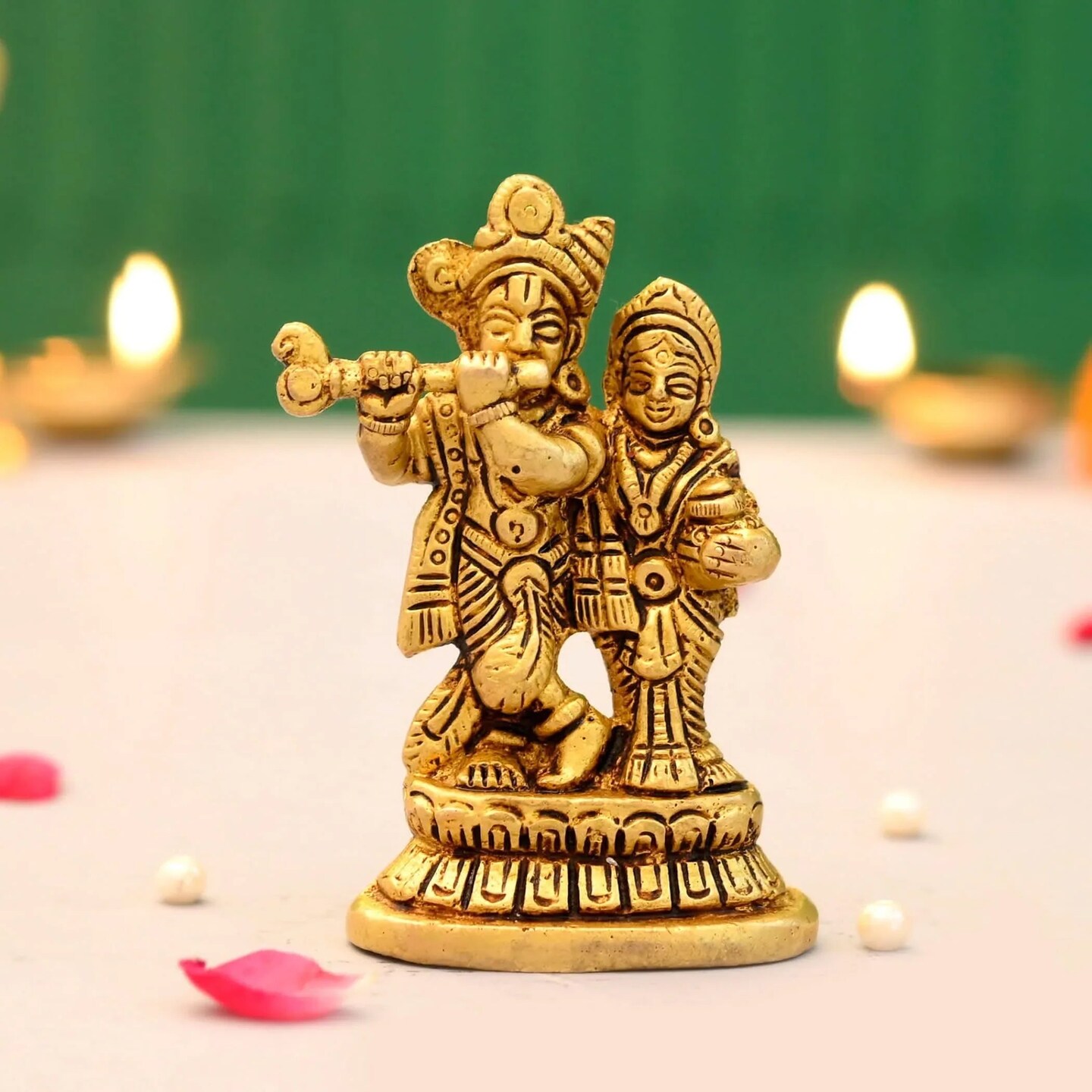 Brass Radha Krishna Statue Hindu God Religious Small Lord Krishna with Radha Rani Murti Idol - Sculpture for Home Temple Mandir Pooja Decor - Showpiece Housewarming Gift (3.5 Inches)