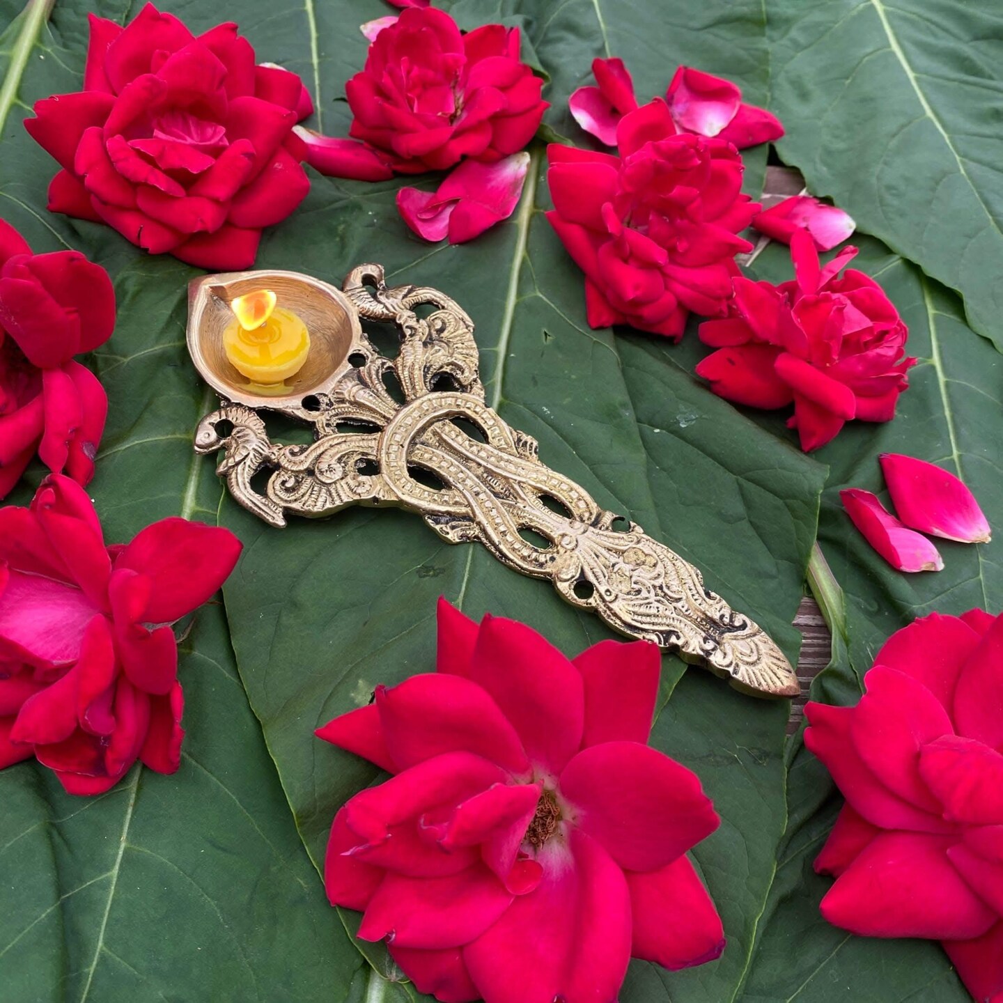 Brass Pooja Aarti Spoon 1 Pc Diya Twin Peacock Design Round Hawan Spoon for Pouring Ghee in Hawan Kund Diwali Gift Ethnic Indian Aarti Spoon Wedding Return Gifts Home Temple Decor