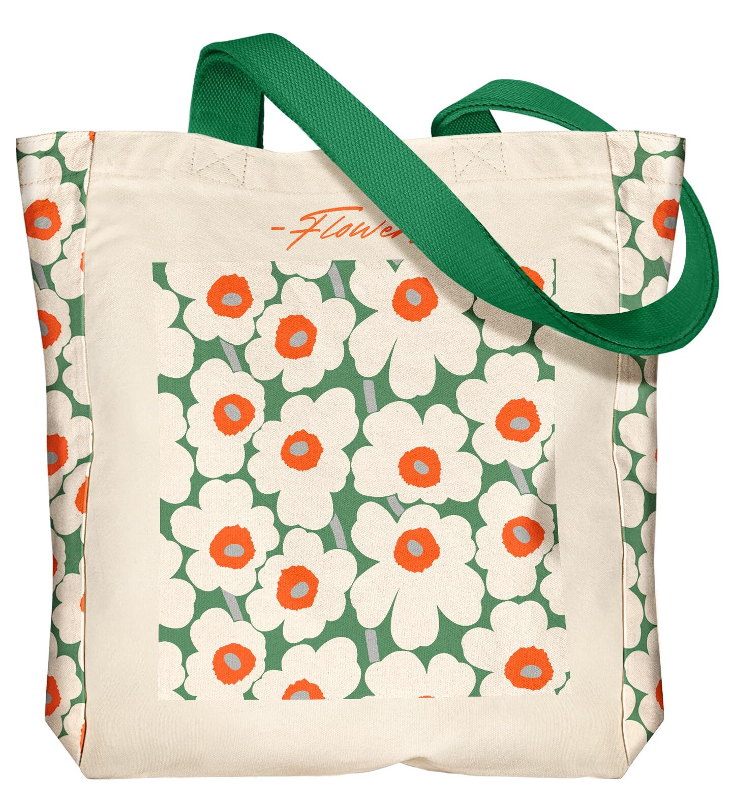 Aesthetic Heavy Canvas Tote Bag - with Pocket for Women Large Cloth Cotton Tote Bag for Shopping, Gym, Work, Travel, Beach, Vacation, Green White Flower