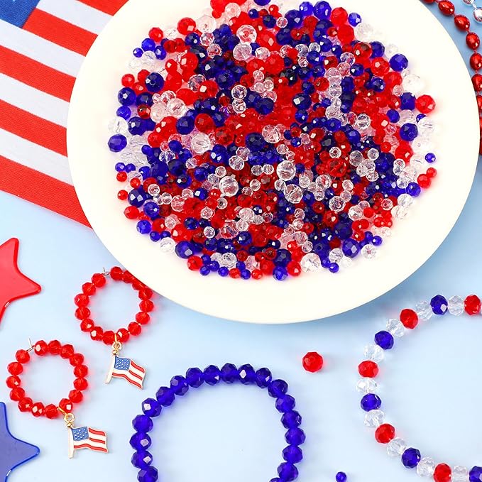 Patriotic Crystal Beads, 1000PCS Red White Blue Bead for Jewelry Making, 4th of July American Patriotic Glass Beads 4/6/8 mm Craft Beads for Independence Day Bracelets Necklace Earrings