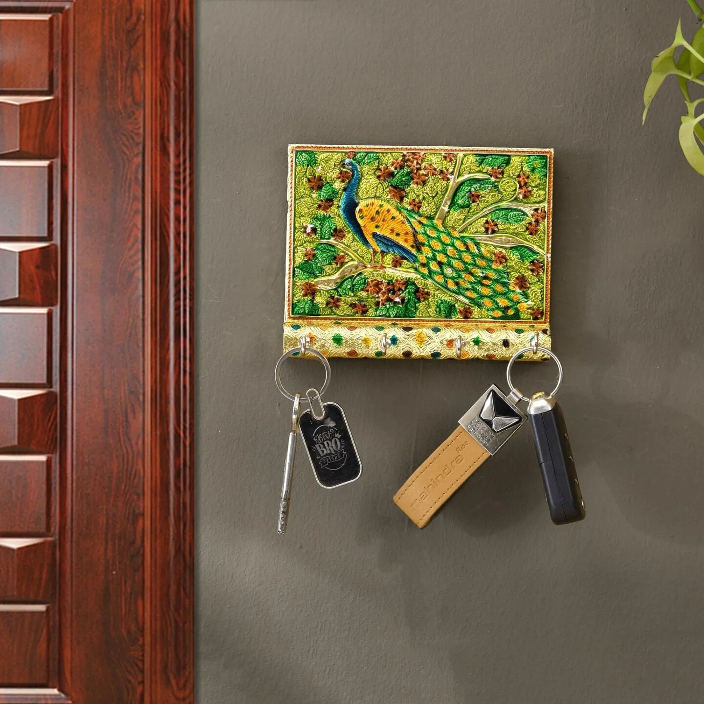 Peacock Design Frame Wall Key Holder for Wall Decorative, Hand Crafted Wall Hooks for Hanging Stylish Key Stand Home Office Decor Housewarming Gift Key Organizer with 4 Hooks (pack of 1)