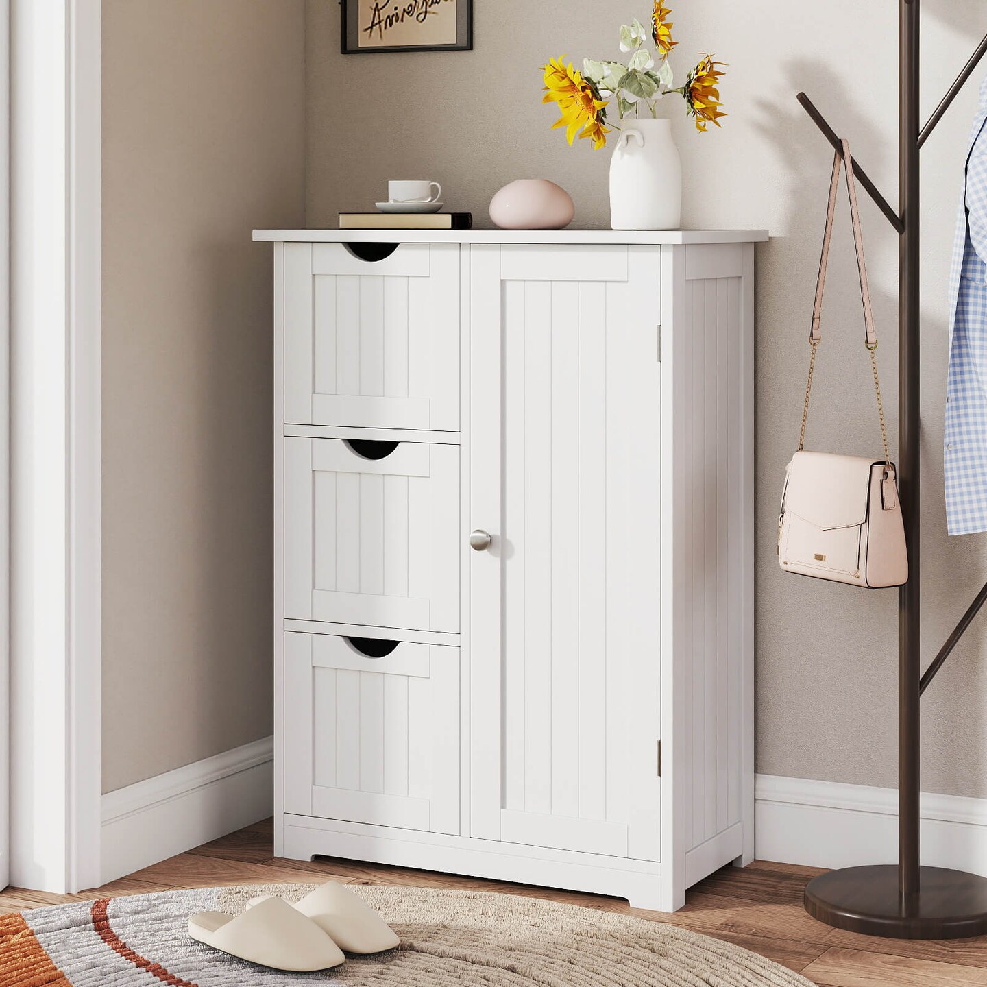 Costway Bathroom Floor Cabinet Side Storage Cabinet with 3 Drawers and 1 Cupboard Grey\ Black