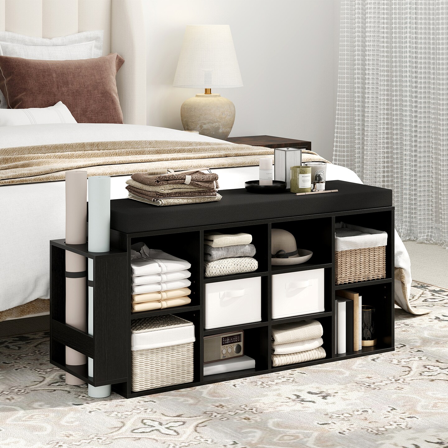 Black 10-Cubby Shoe Storage Bench with Cushion, Adjustable Shelves & Umbrella Holder