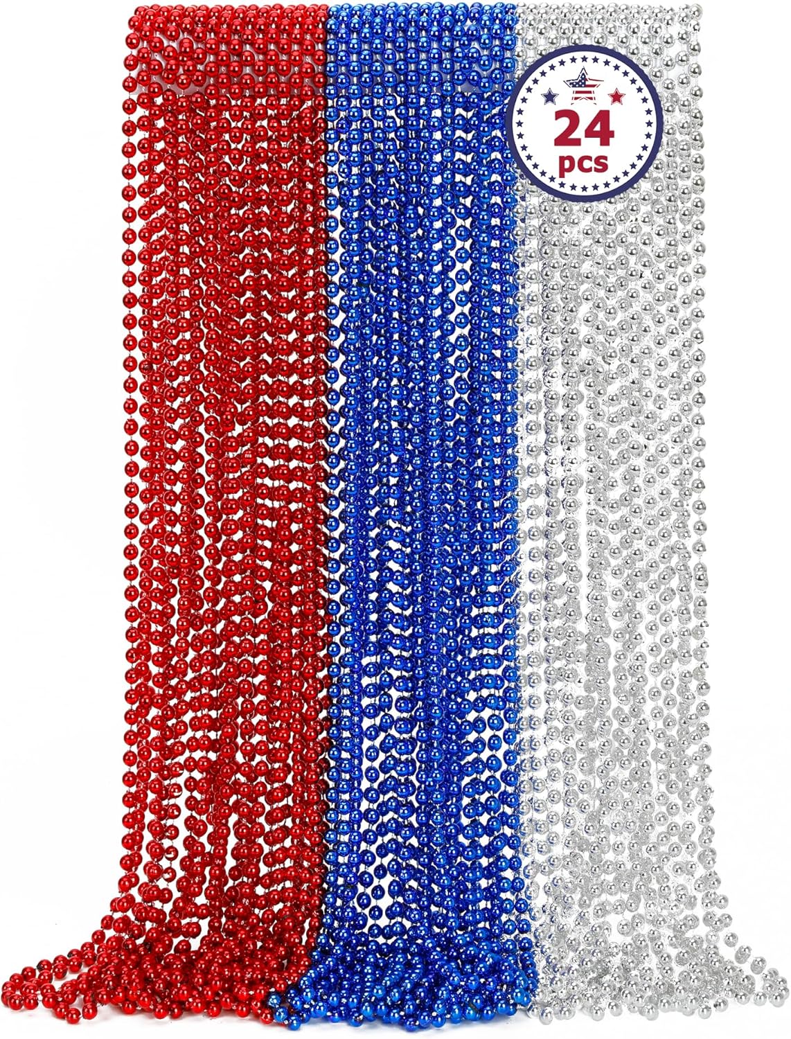 4th of July Necklace Decorations, 24PCS Fourth of July Beads Party Favors Bulk, Red Blue Silver Necklace