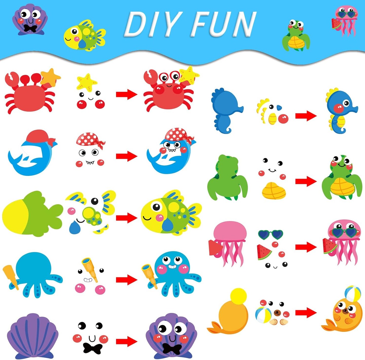 27 Sets Summer Under The Sea Craft Kits Kids DIY Ocean Sea Animal Craft Preschool Art Craft Project, Make Your Own Ocean Animal Bulk Set for Home Classroom Day-Care Game Activities