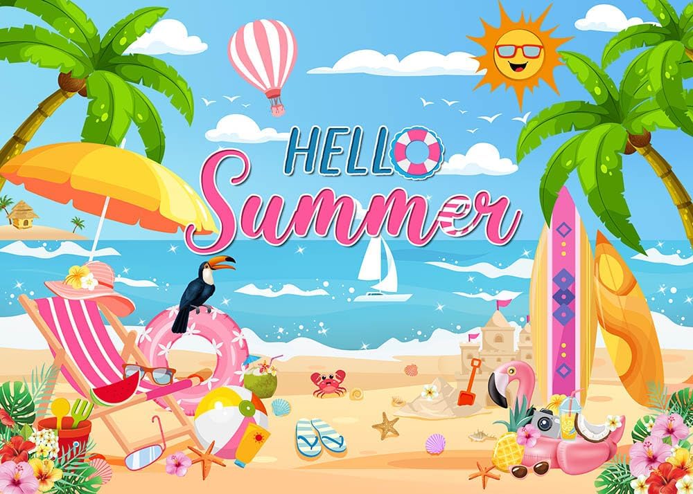 7x5ft Hello Summer Backdrop Summer Hawaiian Beach Backdrop Pink Tropical Surfboard Photography Background Summer Beach Party Decoration Supplies