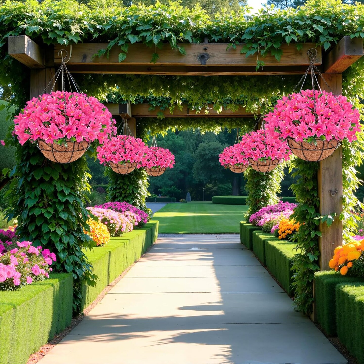 Decor Artificial Hanging Flowers, Fake Silk Azalea Plants with Coconut Lining Hanging Baskets Outdoor for Spring