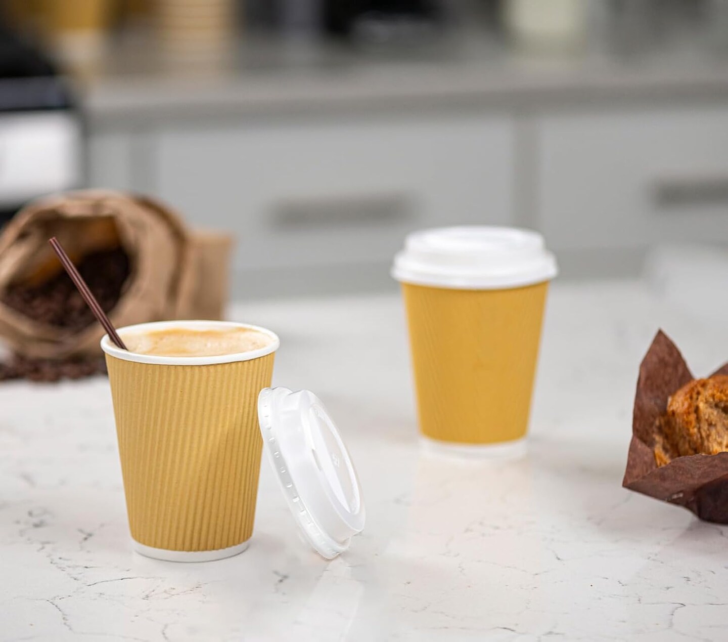 Comfy Package [12 oz. - 50 Sets] Insulated Kraft Ripple Paper Hot Cups, Disposable Coffee Cups With Lids - Ideal for Hot Beverages, Travel, and Office Use