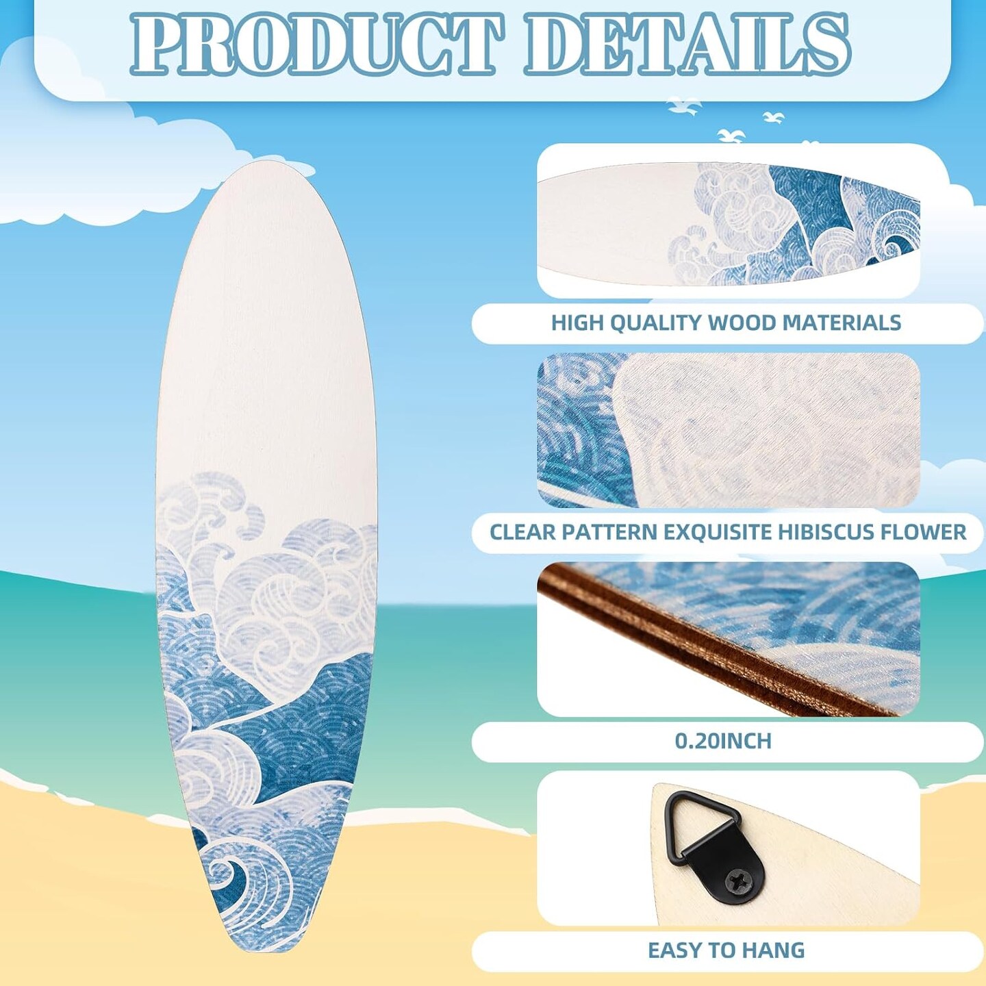 3 Pieces Surfboard Wooden Beach Decor for Bedroom Surfboard Wall Decor Summer Wood Wall Hanging Sign for Tropical Bedroom Living Room Decoration (Ocean)