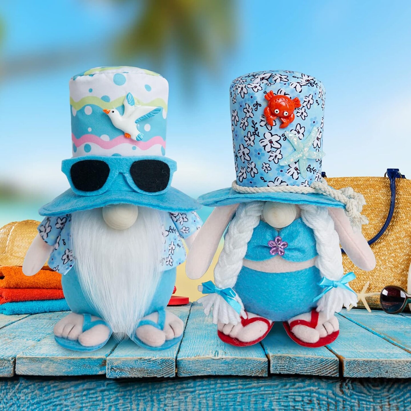 Summer Gnomes Decorations for Home, Beach Gnomes Plush,Farmhouse Gnomes Tiered Tray Decor,Summer Mantle,Kitchen Table, Shelf Sitters Tomte Decor,Birthday Gnome Gifts