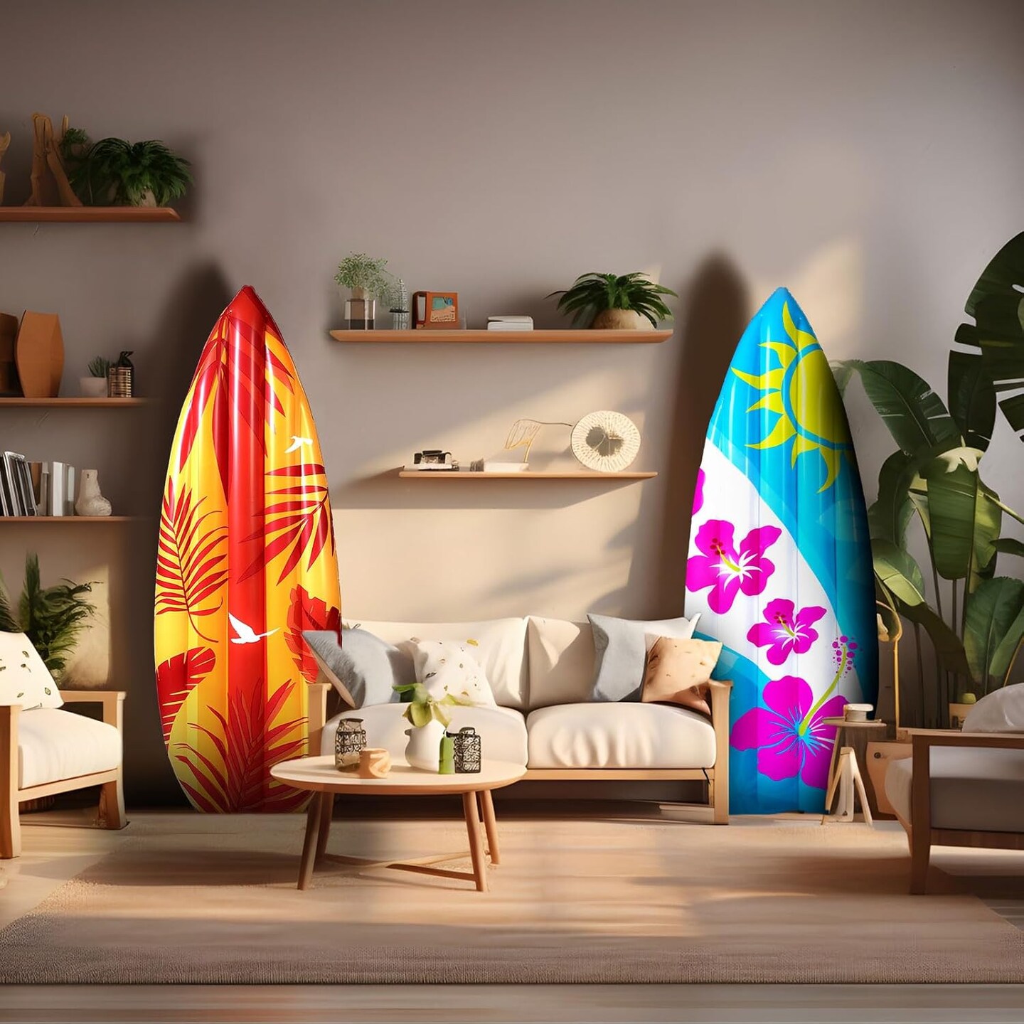2 Pcs 60" Luau Inflatable Surfboard Hawaiian Theme Beach Pool Float Summer Tropical Blow up Pool Board Blue and Orange Surfboard for Adults Kids Beach Hawaiian Party Decor, 2 Styles
