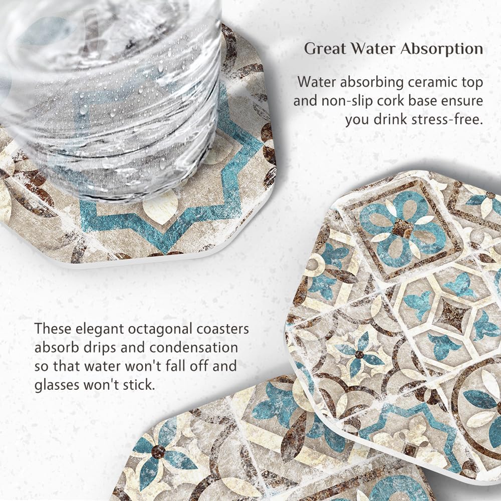 Drinks Coasters for Coffee Table Decor, Rustic Retro Boho Farmhouse Coasters, Absorbent Cup Mats for Wooden Table, Mandala Style, Unique Vintage Tile Design, Brown, 4", Set of 6