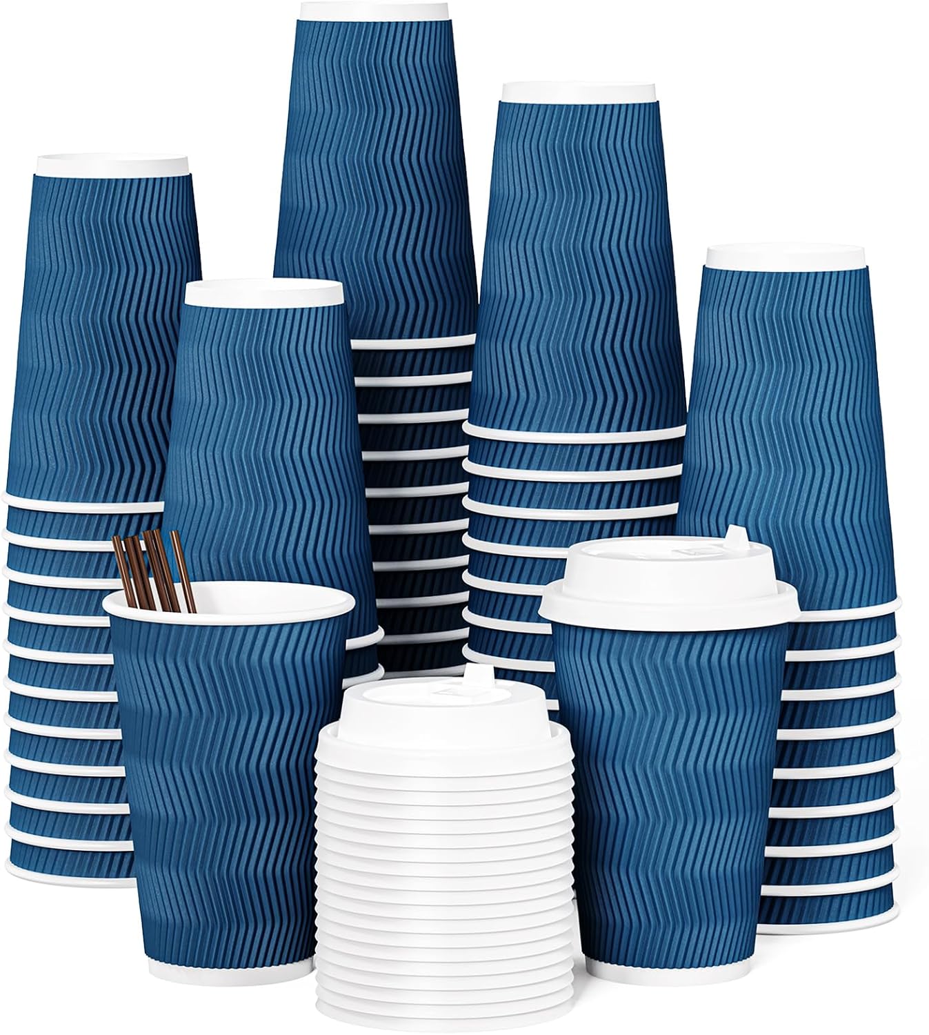 16oz Coffee Cups with Lids, 80 Pack Disposable Hot Paper Coffee Cups with Lids and Stirrers, Ideal for Travel, Office, Home, Cafe