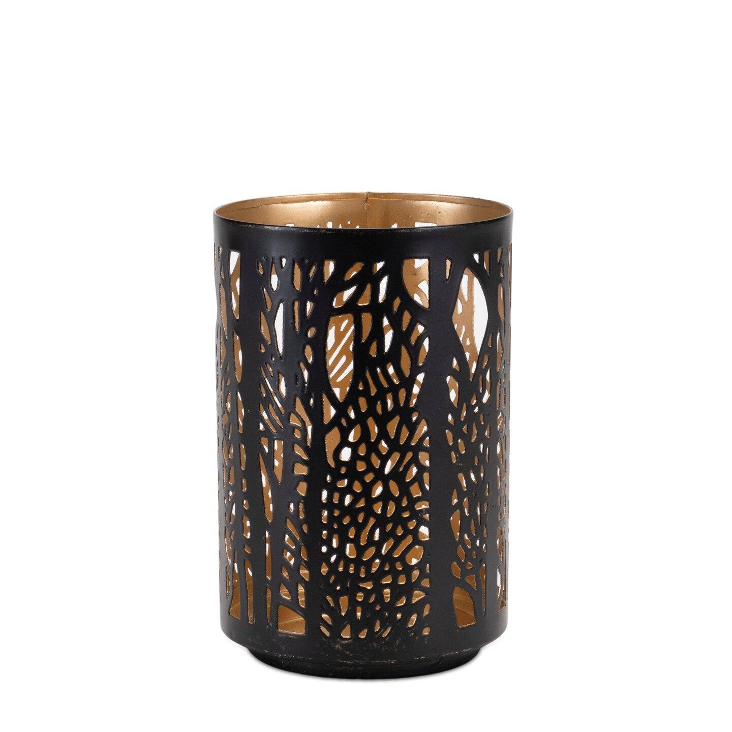 Forest Tree Punched Metal Candle Holder Black Gold Decorative Lanterns Set of 2