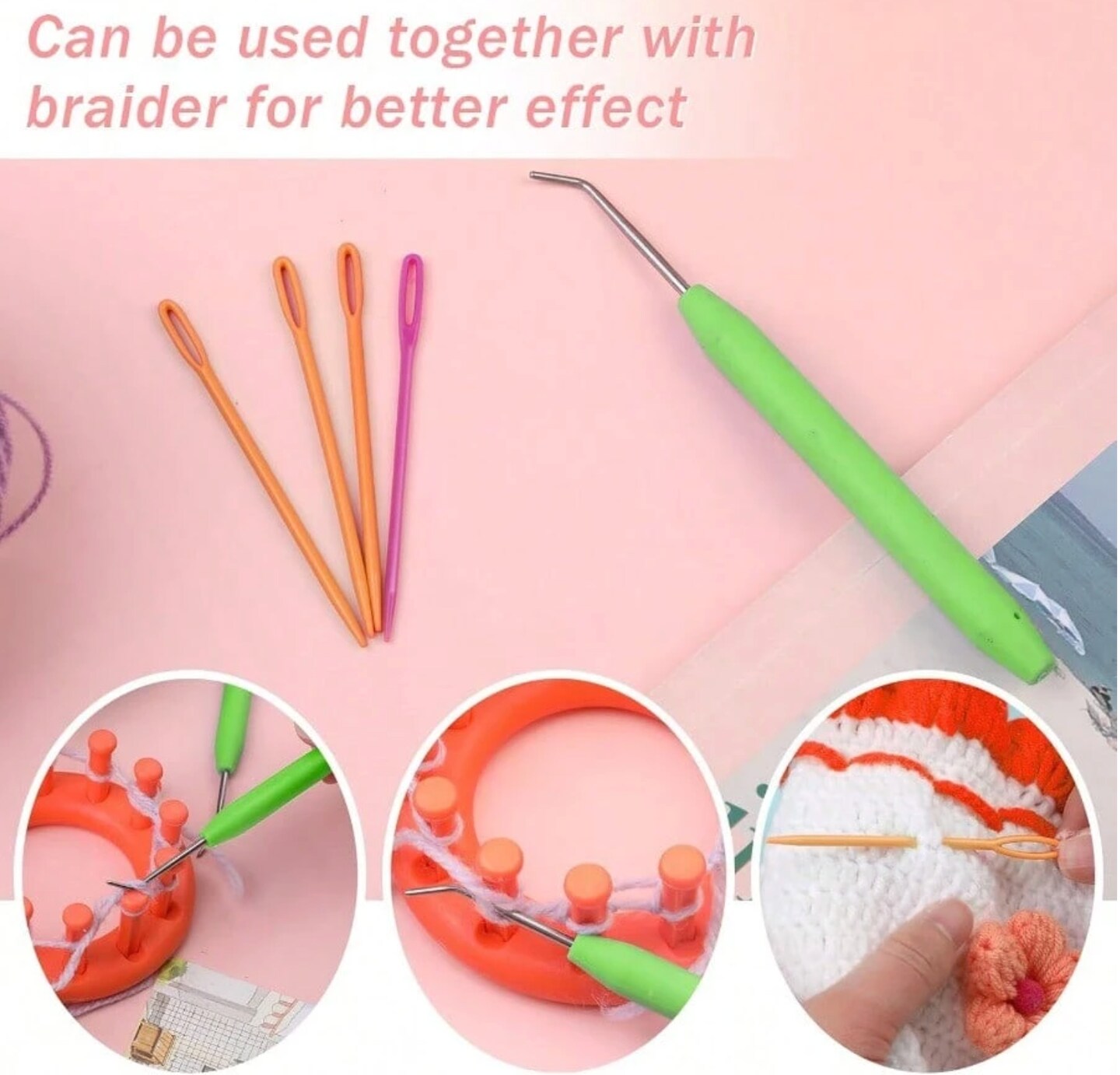 Loom Knit Hook Set – 8 Pcs Green Knitting Loom Hooks with 12 Pcs Colorful Plastic Sewing Needles – Complete Kit for Knitting Looms & Boards