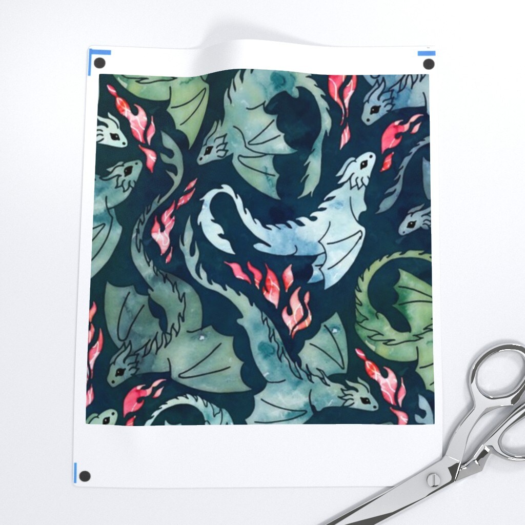 Dragon Fire Dark Blue Green Small Navy Fantasy Scarlet Flying Custom Printed Fabric by Spoonflower Various Fabrics by the Yard or Fat Quarter