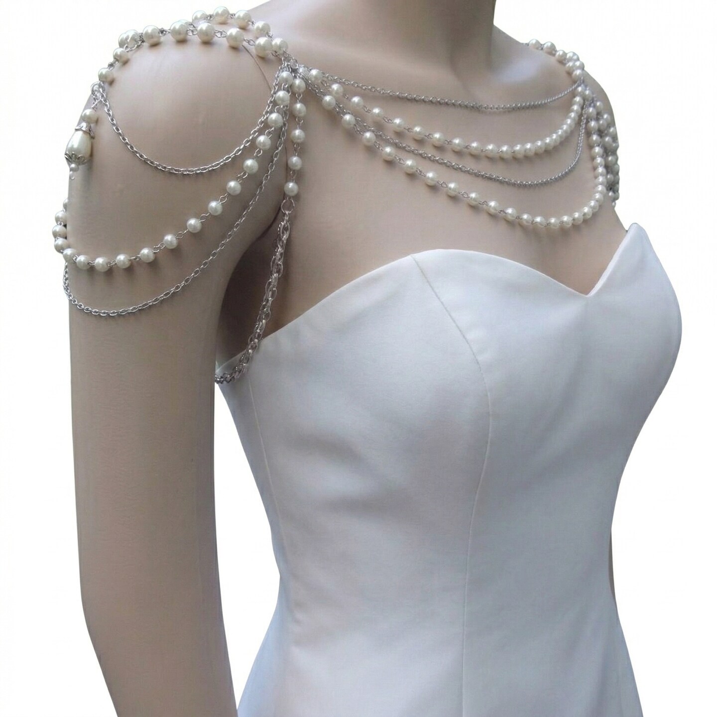 White Glass Pearl and Silver Chain Multi Strand Bridal Wedding Shoulder  Necklace | MakerPlace by Michaels