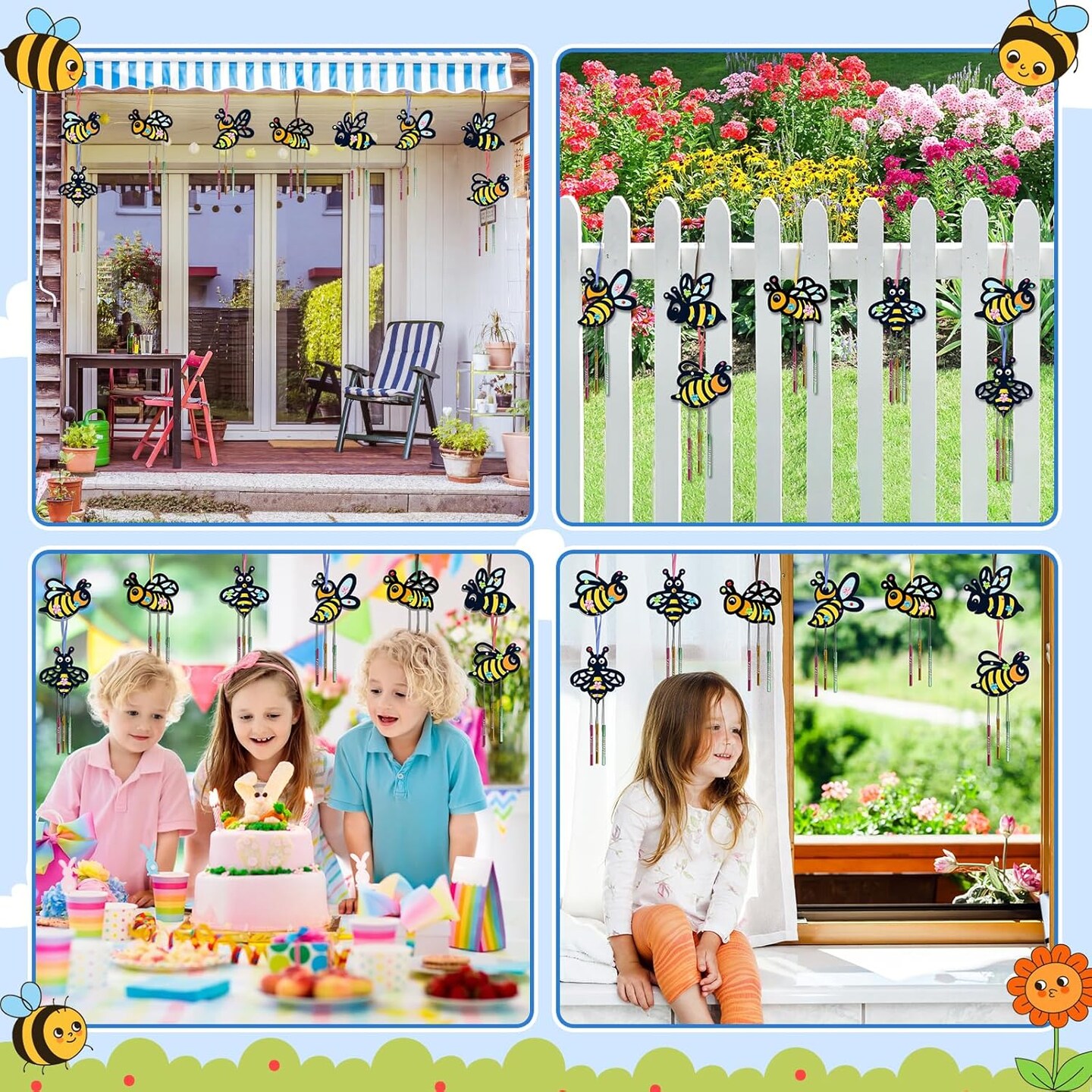 10-Pack DIY Bee Wind Chime Kit for Kids – Make Your Own Honey Bee Wooden Wind Chimes, DIY Coloring Craft for Spring, Insect Art Projects, and World Bee Day Party Decorations