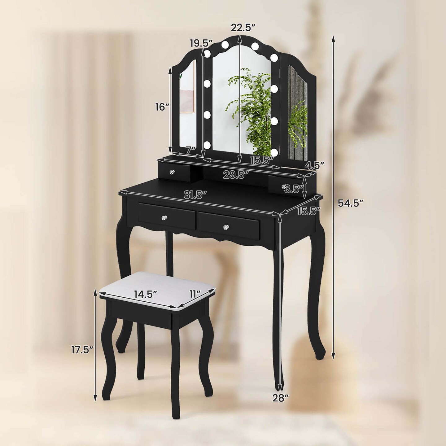 Costway Makeup Vanity Set with Tri-Fold Mirror & LED Lights 4 Drawers Open Shelf White/Black