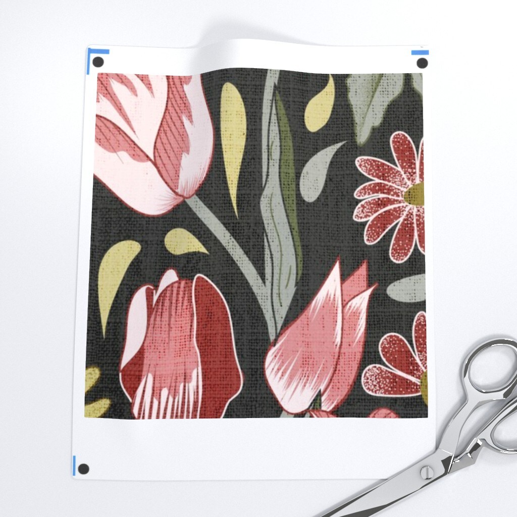 Pink Tulip Daisy Botanical Dusky Rose Yellow Sage Olive Black Floral Large Scale Custom Printed Fabric by Spoonflower Various Fabrics by the Yard or Fat Quarter