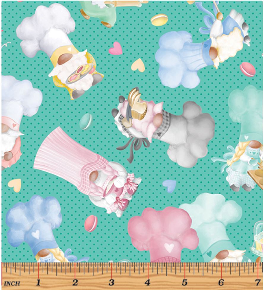 Benartex Novelty Gnomebody Bakes it Better Sweet Gnomes Jade Green 100% Cotton