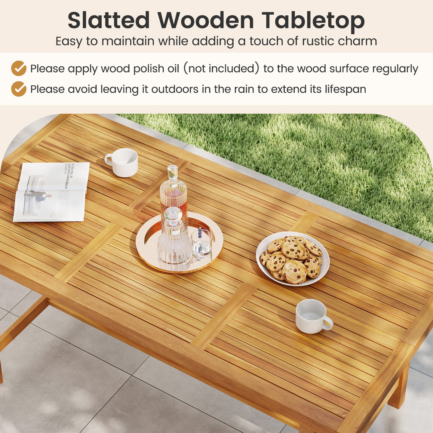 Indoor Outdoor Acacia Wood Dining Table for 6, Sturdy and Durable