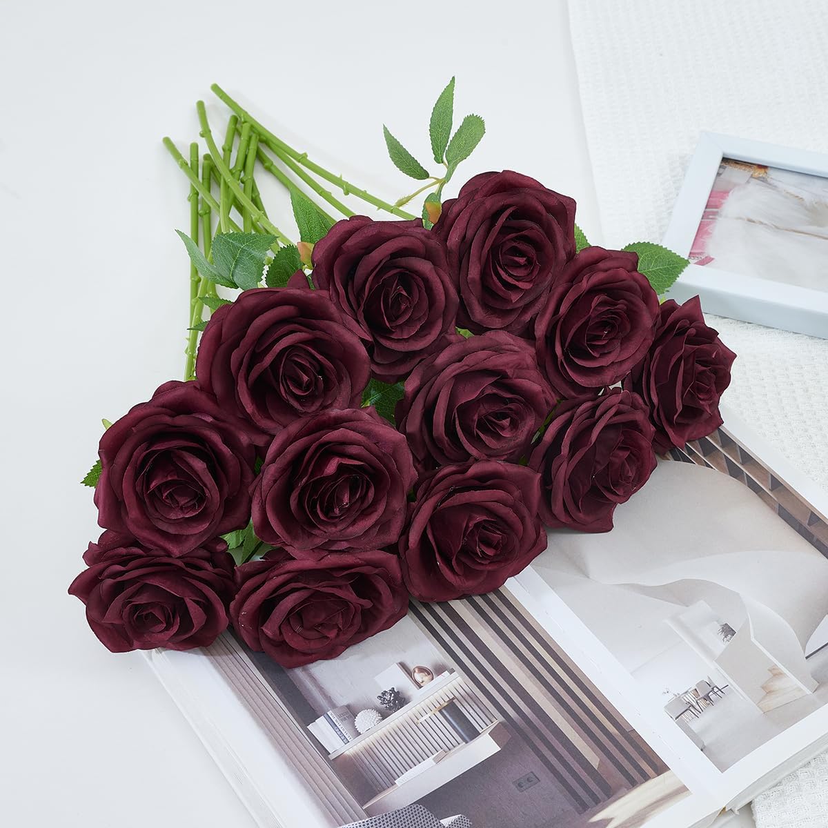 50pcs Roses Artificial Flowers Bulk,Burgundy Fake Roses Silk Flower