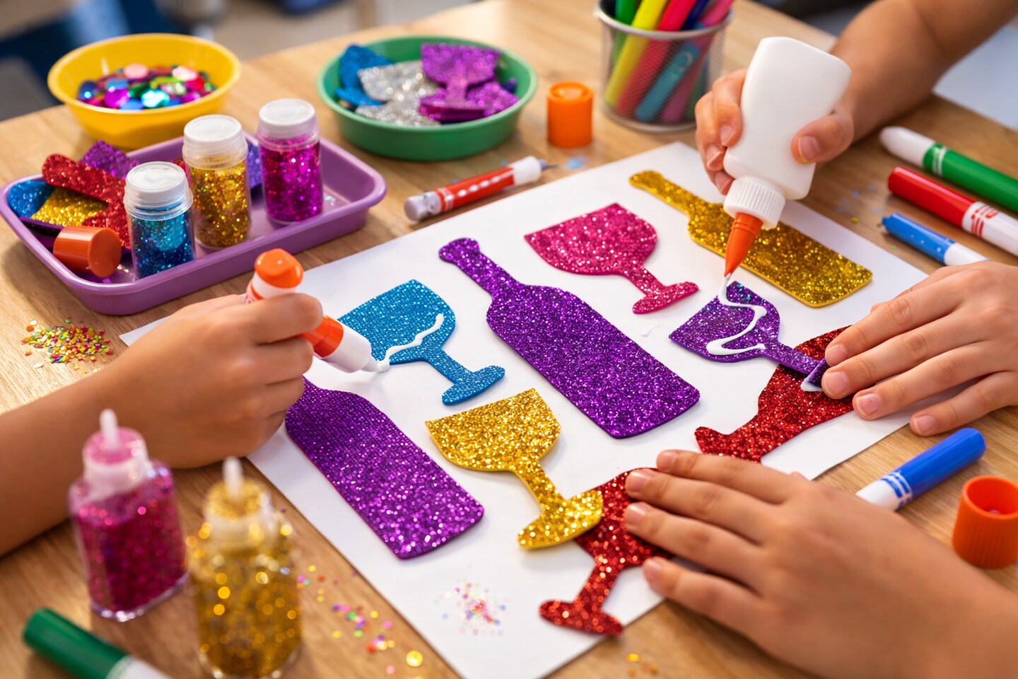 Sparkling Pesach Foam Shapes 50 Count – Glitter Passover Wine Glass & Bottle Craft Cutouts for Classroom & DIY Holiday Projects