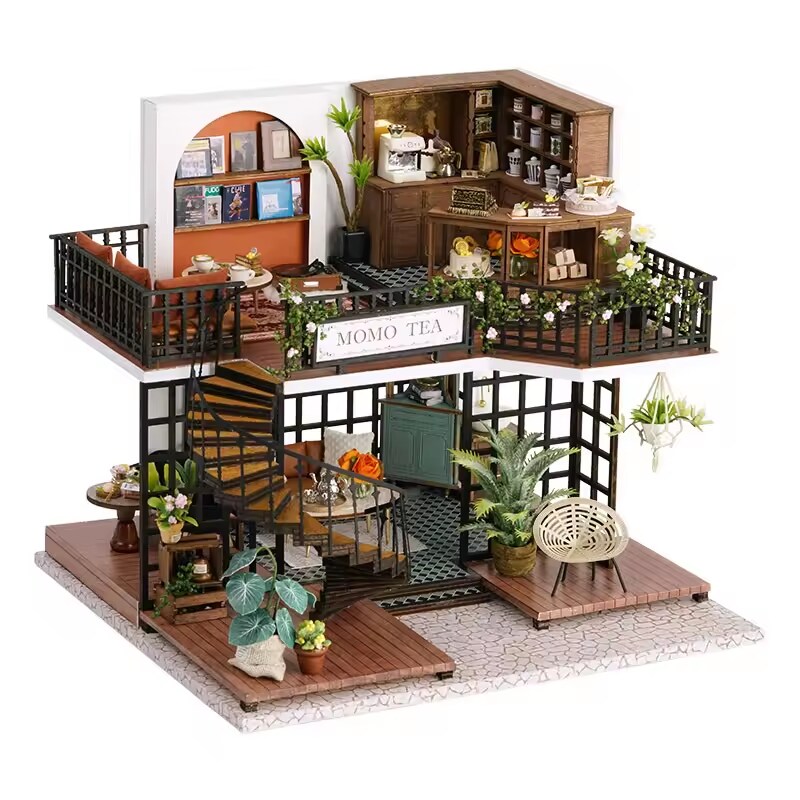 Forest Teashop Dollhouse Kit - Miniature Wizardi Roombox Kit with LED Light F07M51-68-LV-001-A