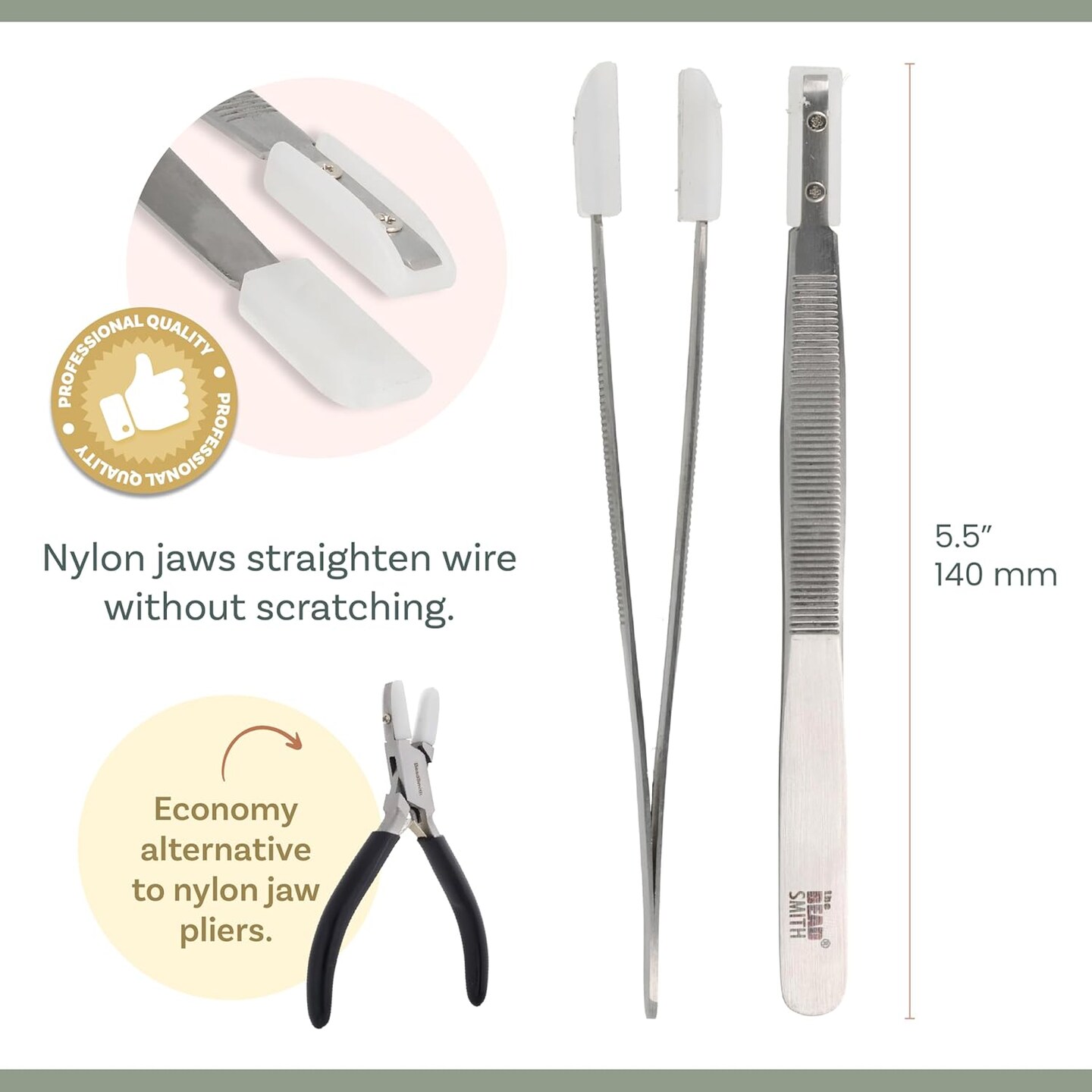 The Beadsmith Nylon Jaw Tweezers – 5.5” Craft Tool for Wire Straightening w/ 0.85” Non-Marring Soft Nylon Tips, Made of Stainless Steel