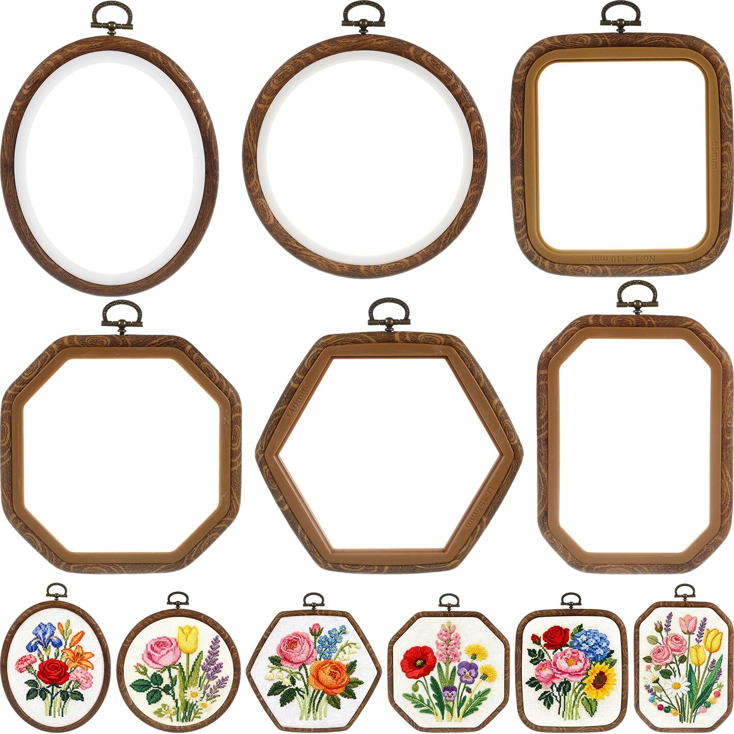 9 Pcs Large Embroidery Hoop Frame Decorative Imitated Wood Display Frame Circle Oval Octagonal Cross Stitch Hoop Ring for DIY Sewing Craft and Hanging Ornaments Decor (Mixed Shape)