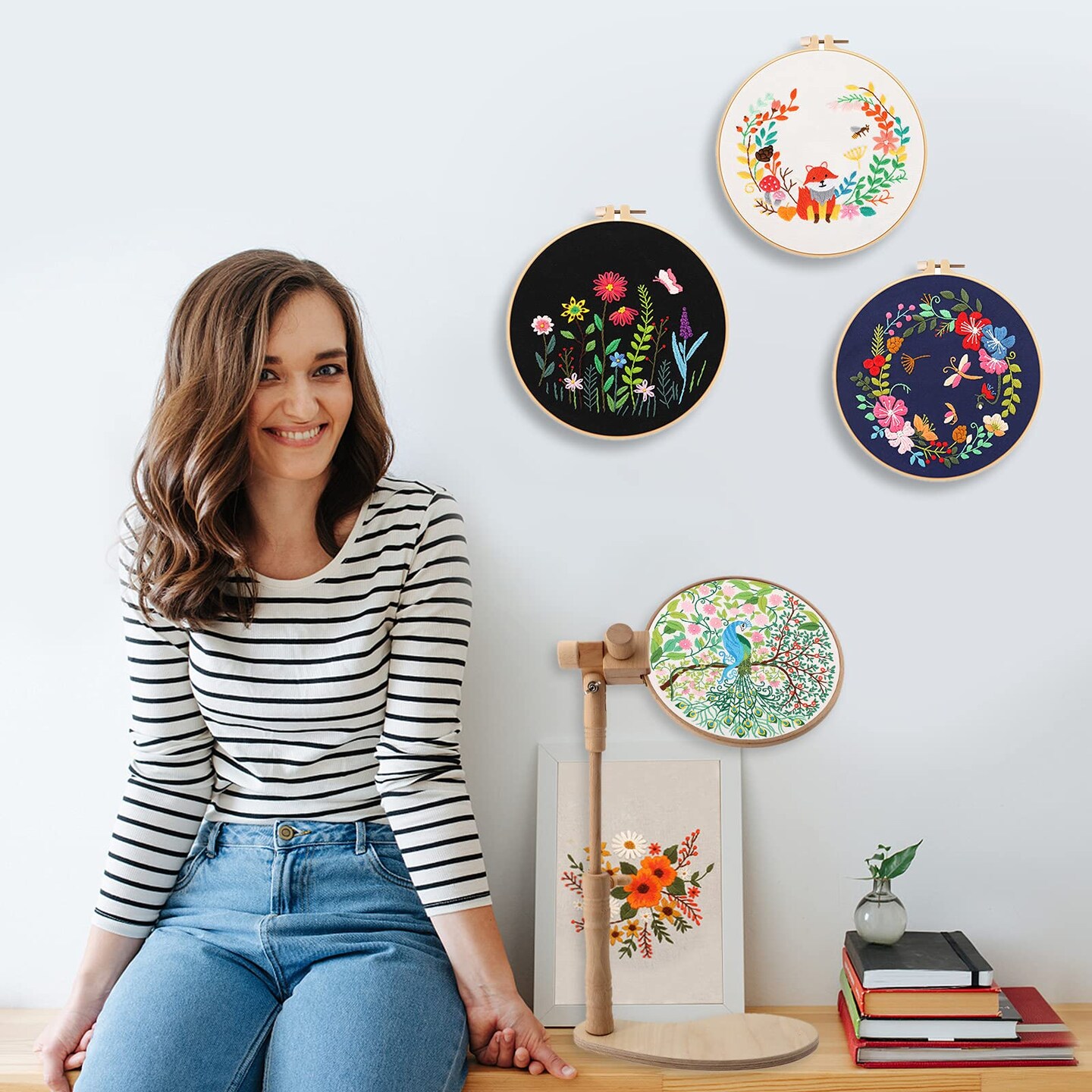 Beech Wood Adjustable Rotated Embroidery Hoop Stand with 2 Pcs 6'' 8'' Embroidery Hoops, Wooden Embroidery Stand, Embroidery Hoop Holder for Cross Stitch and Embroidery Project (A)