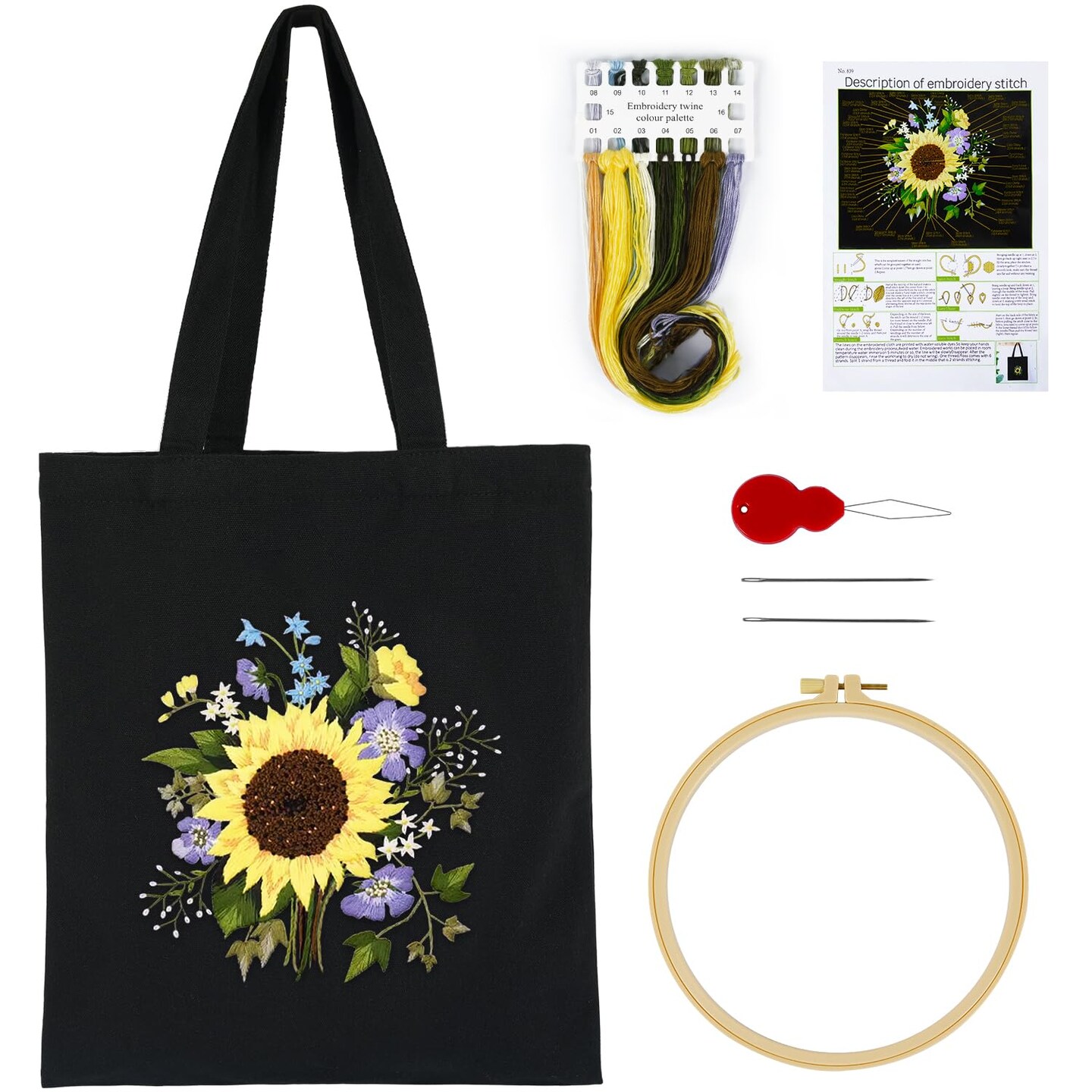 Canvas Tote Bag Embroidery Kit with Sunflower Pattern, Embroidery Kits for Beginners Adults, Arts and DIY Crafts Embroidery Starter kit, Include Stamped Embroidery Bag, Color Threads, Embroidery Tools