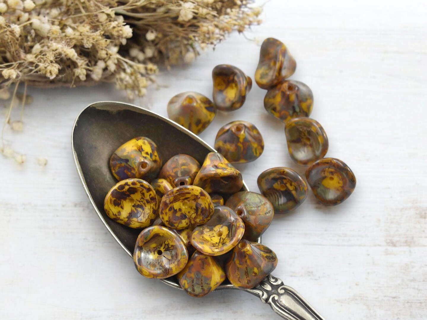 *25* 10x12mm Opaque Yellow Travertine 3 Petal Bell Flower Beads