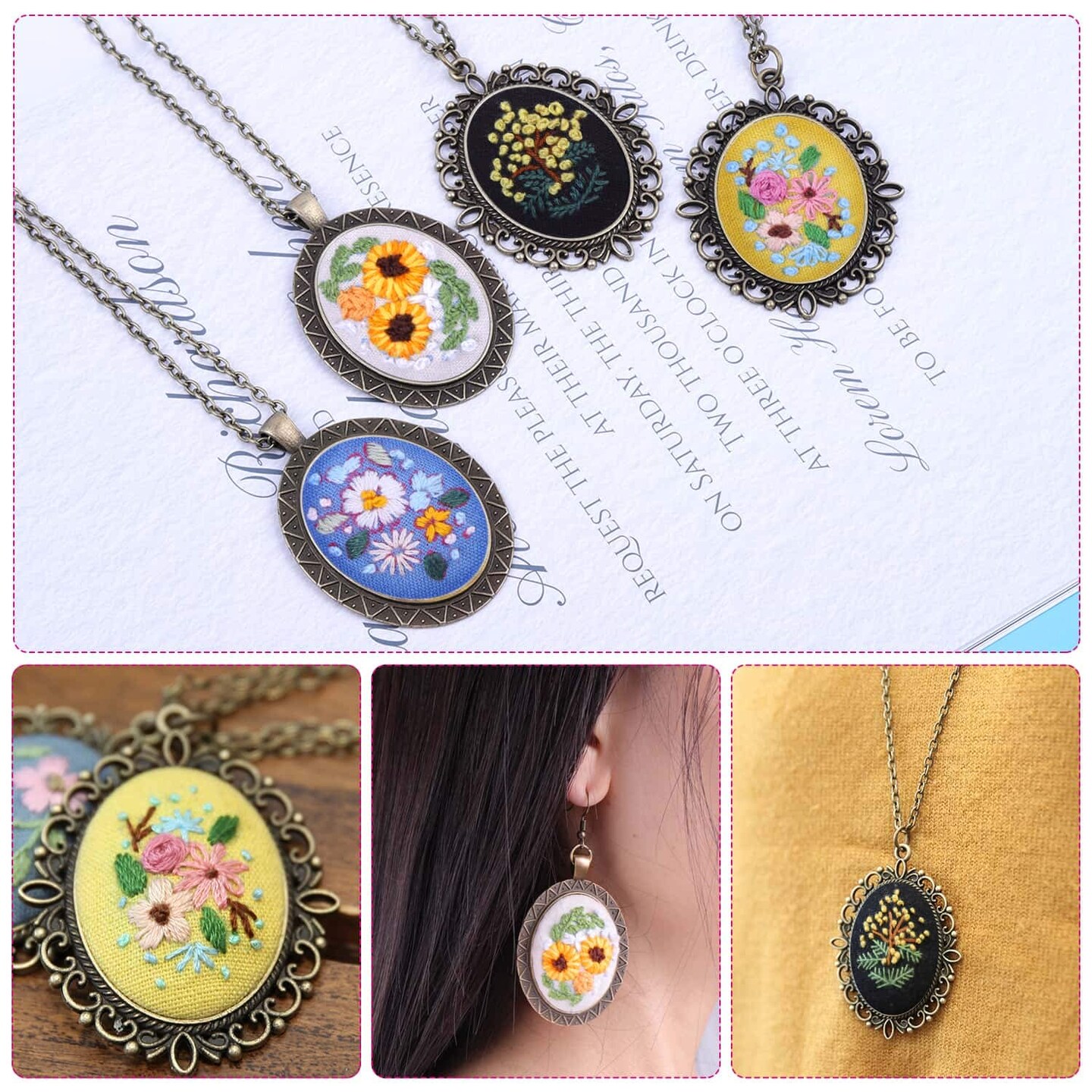 Embroidery Starter Kit - Beginner Friendly with Cross Stitch Patterns, Floral Embroidery Cloth, Pendant Trays & Hoops