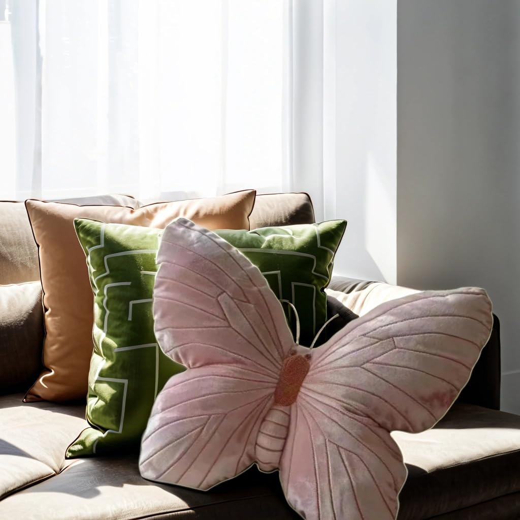 Butterfly Throw Pillow, Pink Butterfly-Shaped Glitter Velvet Stuffed Cushion Shiny Spring Decorative Animal Pillow for Couch Living Room Bed (Butterfly-B,11.8&#x22;x11.8&#x22;)