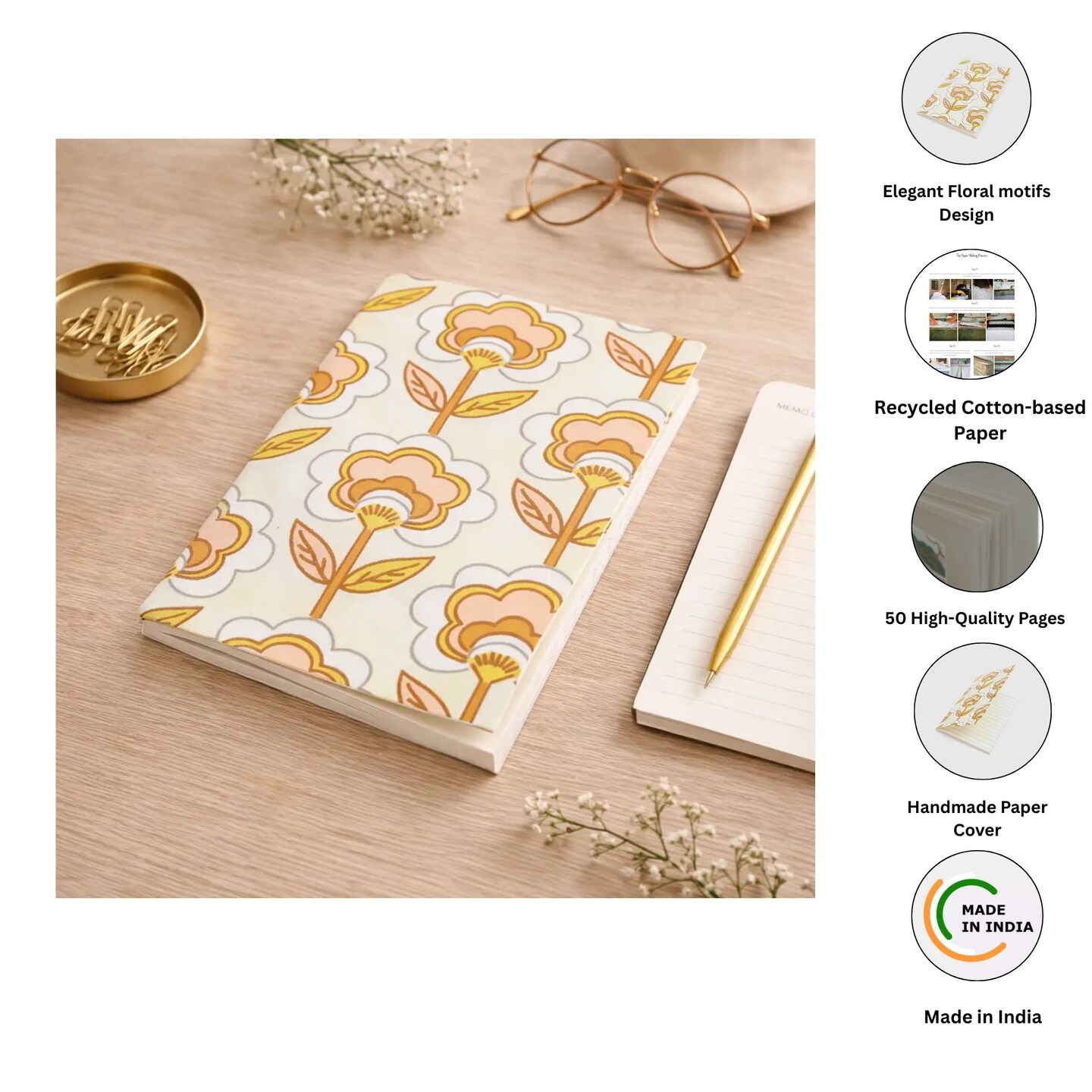 Soft Cover Off White & Orange Handmade Paper Notebooks – Pack of 5, 6x4 Inch Mini Journals for Notes & Sketching