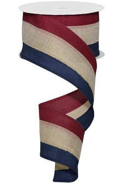 2.5&#x22; Faux Burlap Striped Ribbon: Burgundy, Beige, Navy (10 Yards)