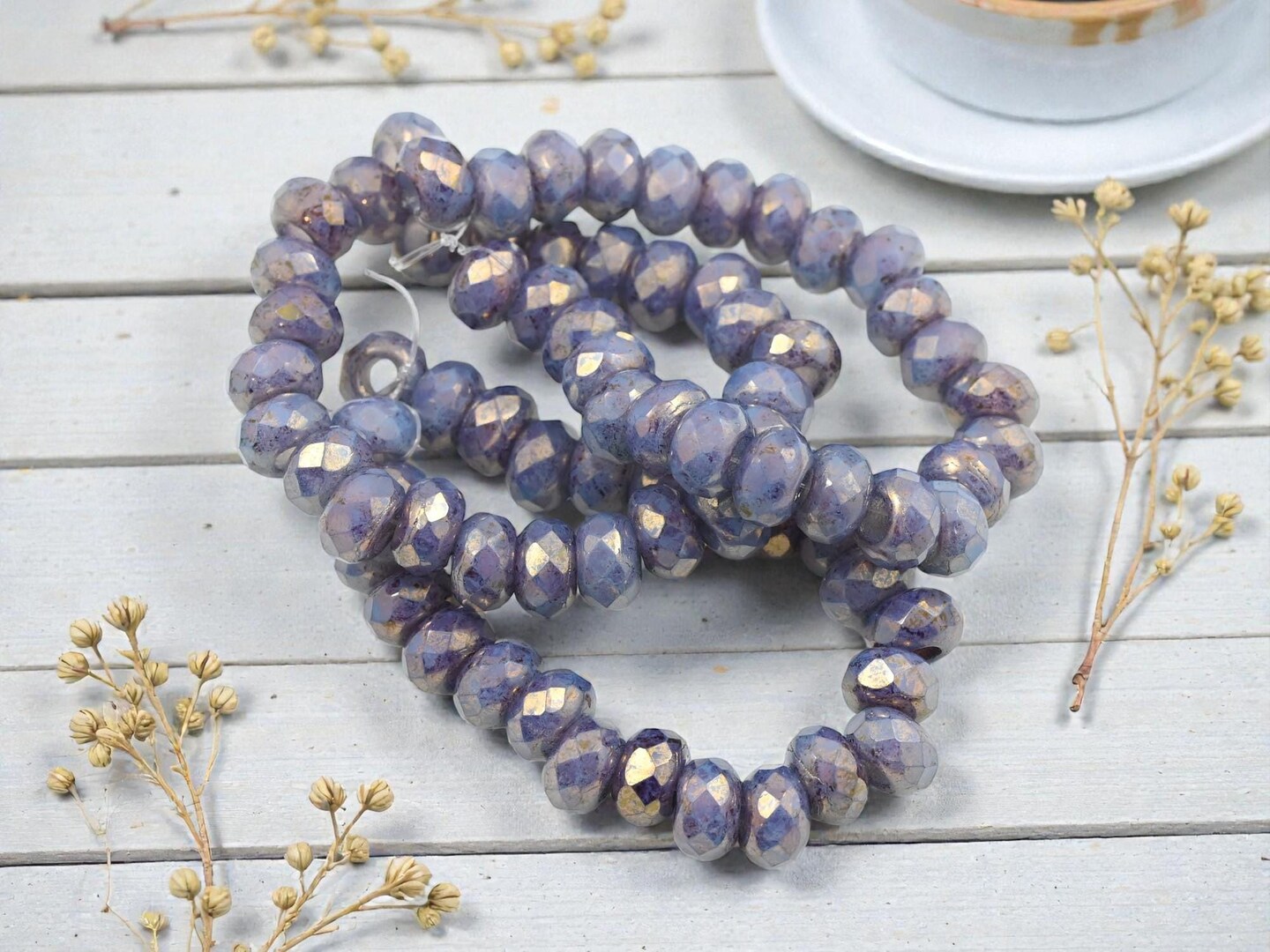 *25* 6x9mm Gold Lustered Purple Washed Slate Blue Faceted Large Hole Rondelle Roller Beads
