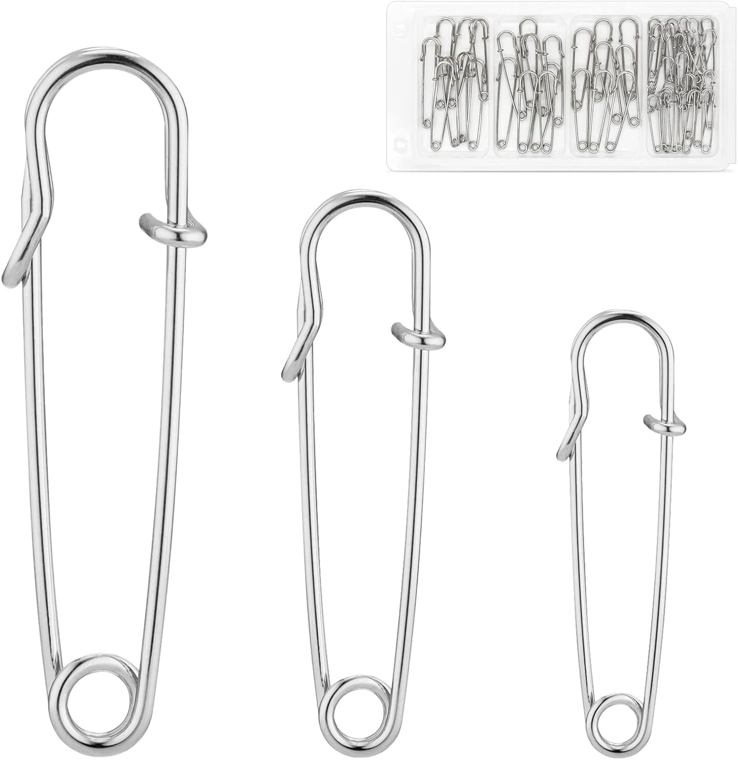 48 PCS Heavy Duty Safety Pins Assorted Sizes – 2", 2.8", 3" Large Strong Safety Pins, Durable Bulk Pack for Clothes, Blankets, Crafts, and Kilts (Stainless Steel)