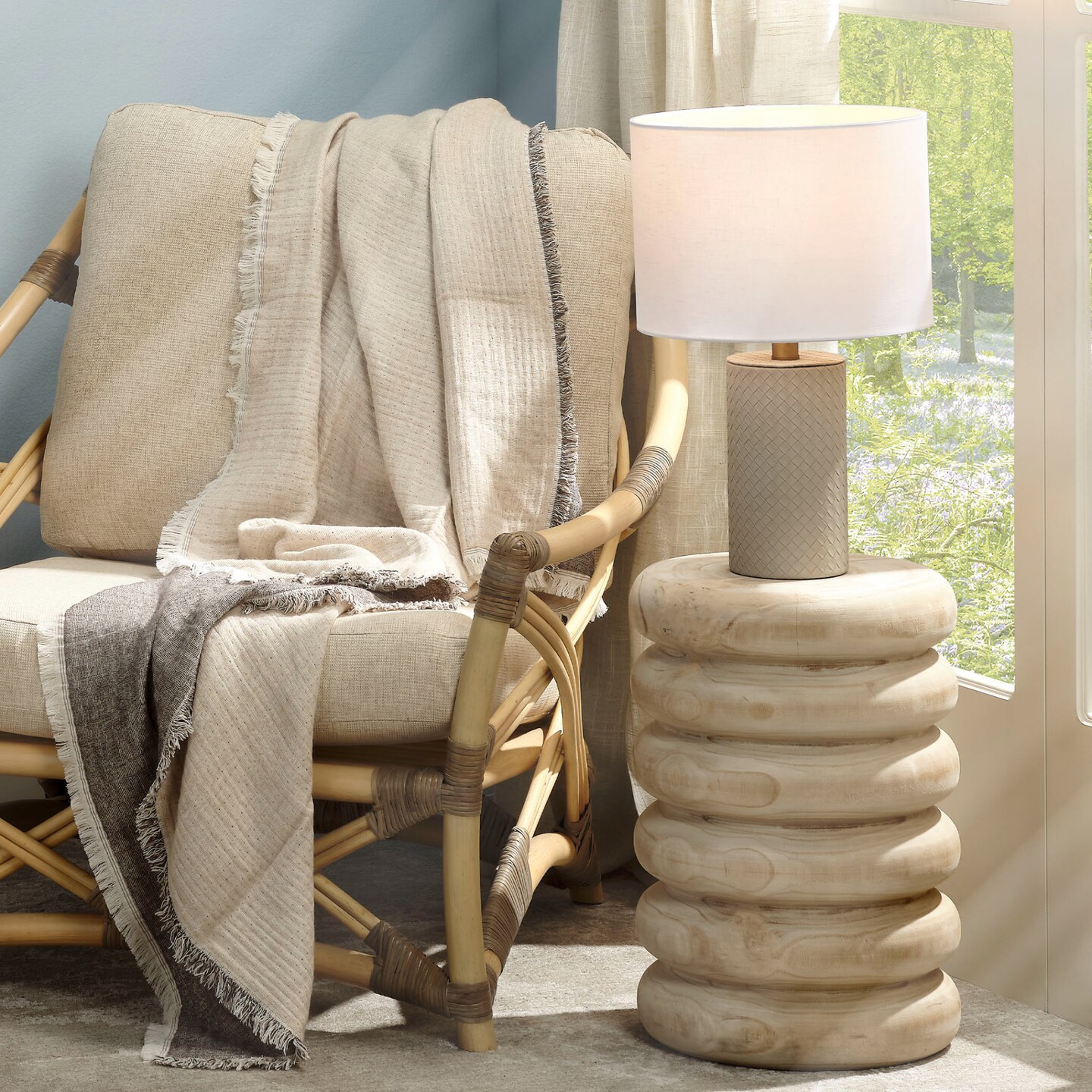 Jamie Young Company Hand Wrapped Leather Table Lamp with White Linen Drum Shade - 17.5" - Gray