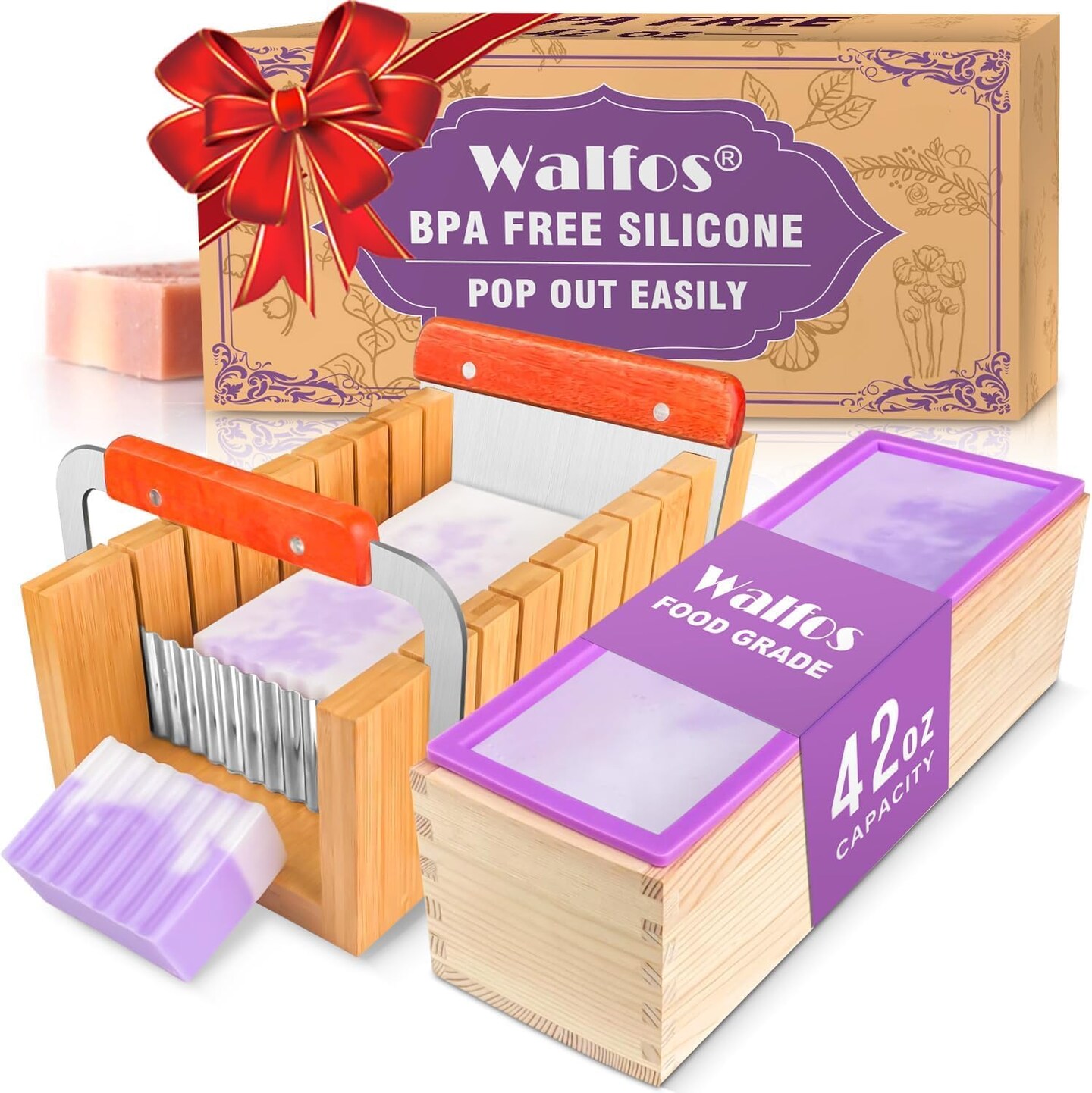 Soap Mold for soap Making, Soap Making kit - 42 oz Silicone Loaf soap Mold Set with Rectangular Wood Box & Bamboo Cutter Measuring Box, 2 Scraper for Soaps Making