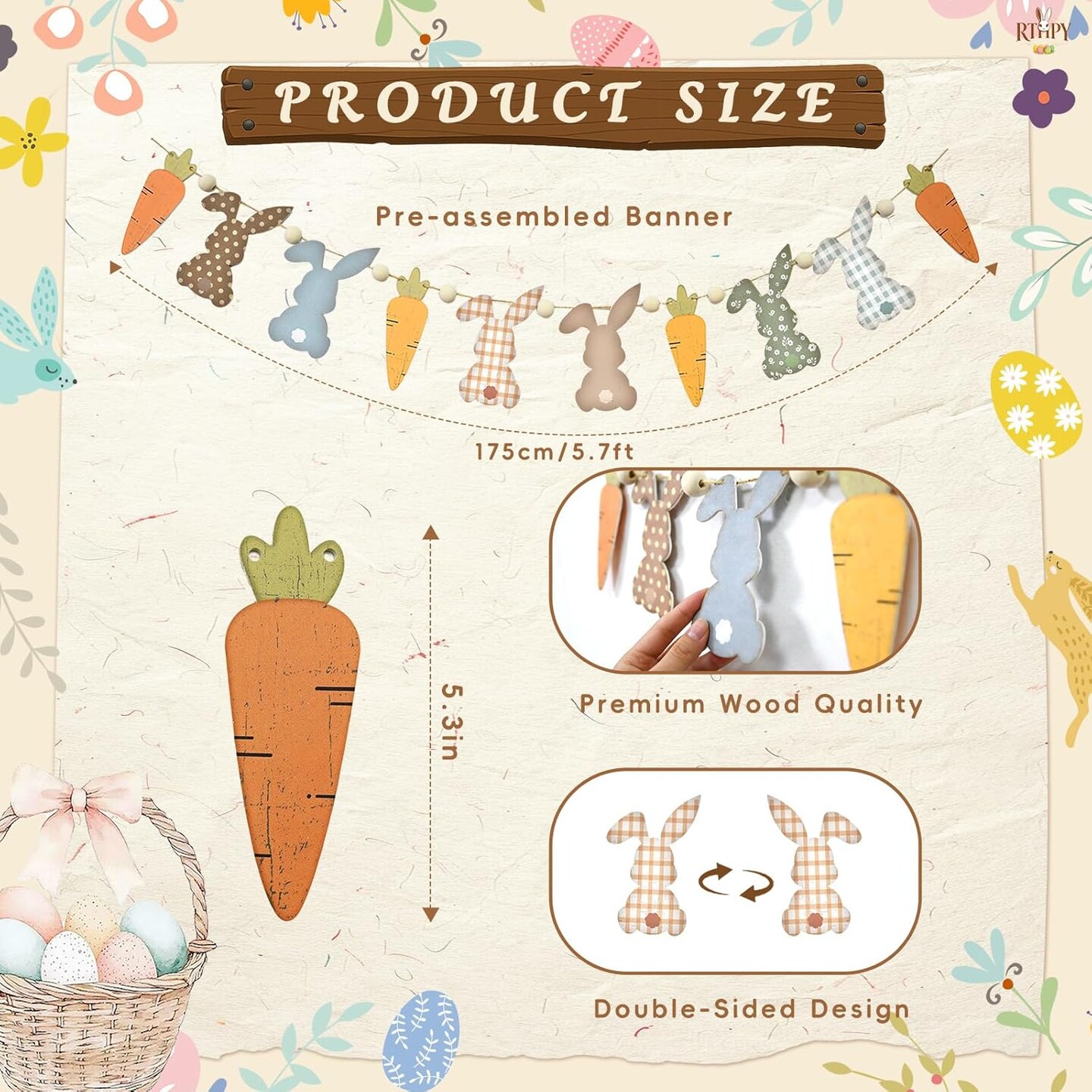 Bunny & Carrot Easter Garland – Wooden Beads Banner for Mantel, Fireplace, Wall & Spring Farmhouse Decorations