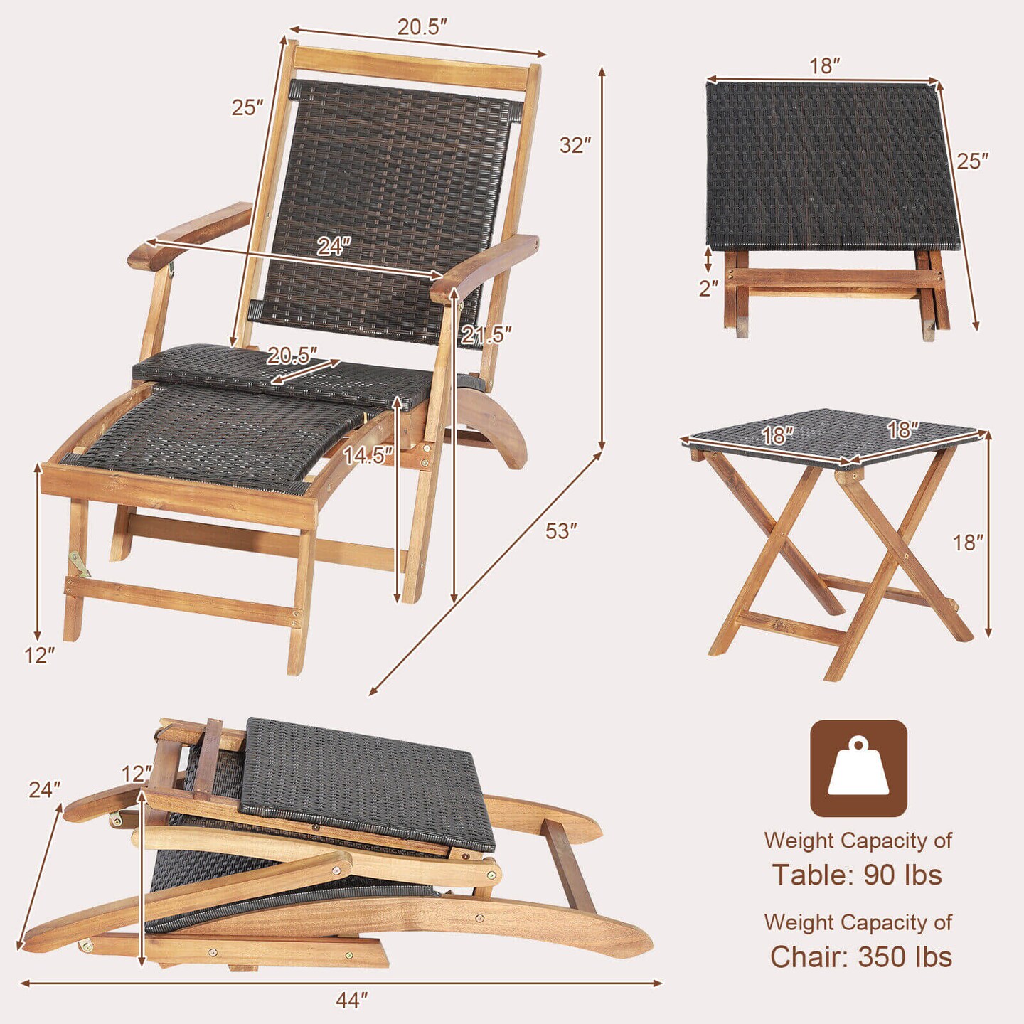 Patio Rattan Folding Chairs with Acacia Wood Table, 2-Piece Outdoor Set