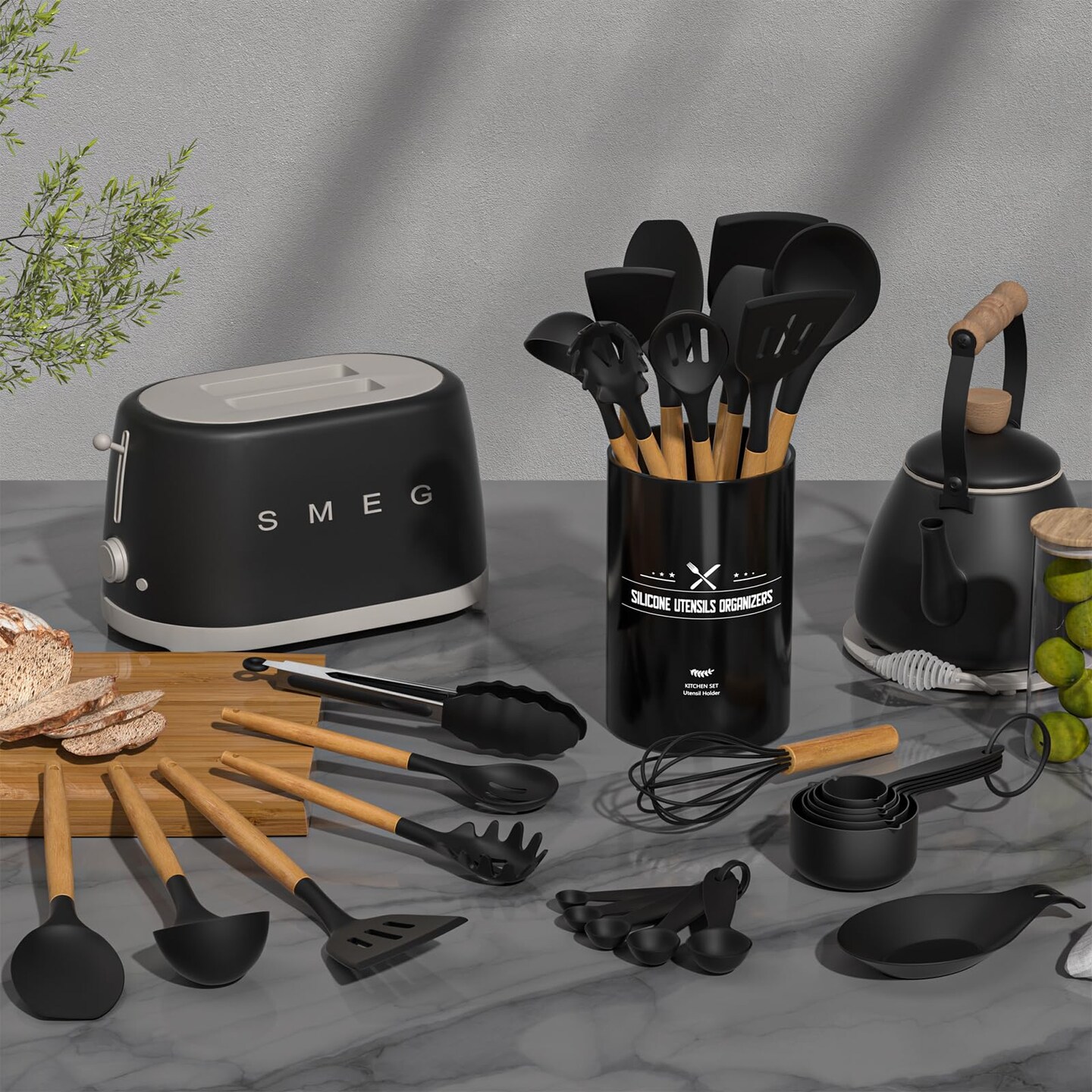 33 Pieces Chef Kitchen Cooking Utensils Set, Non-Stick Utensils Spatula Set with Holder, Black Wooden Handle Silicone Kitchen Gadgets