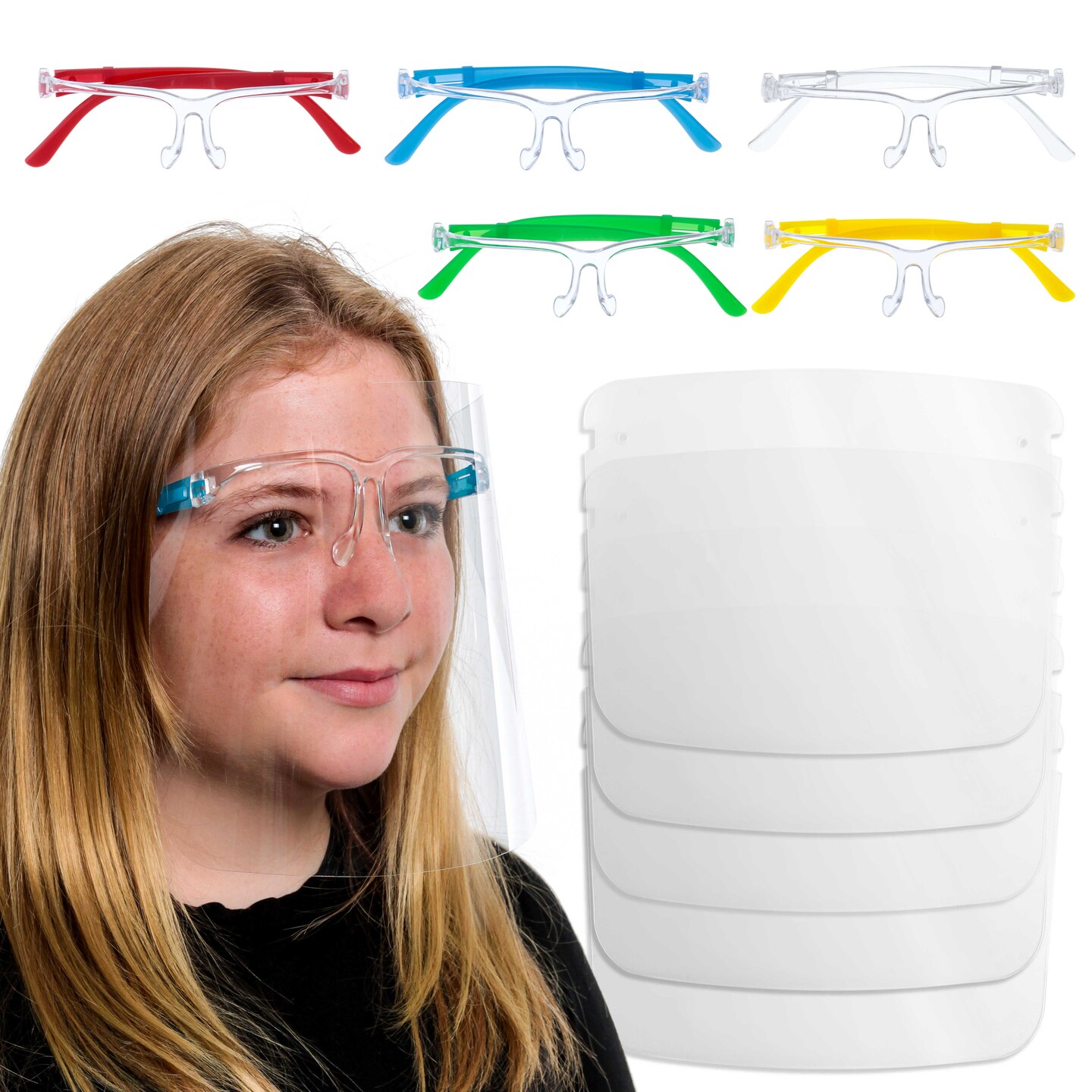 Salon World Safety Kids Face Shields with Glasses Frames (5 Pack) - 5 Colors, 1 Each - Protective Children&#x27;s Full Face Shields - Anti-Fog PET Plastic