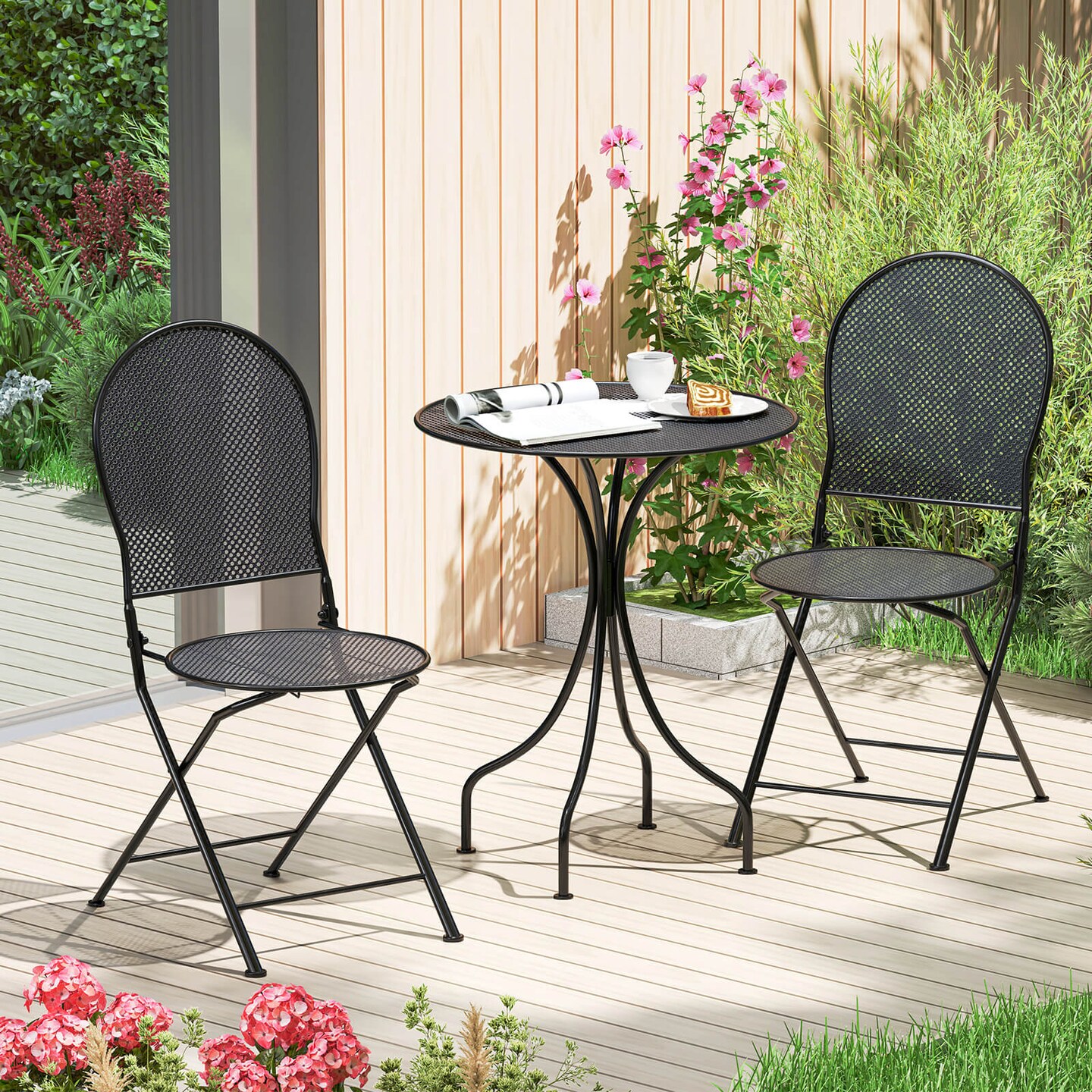 Costway 3 PCS Metal Bistro Set Round Table & 2 Folding Chairs with Rattan-Like Pattern Black/White