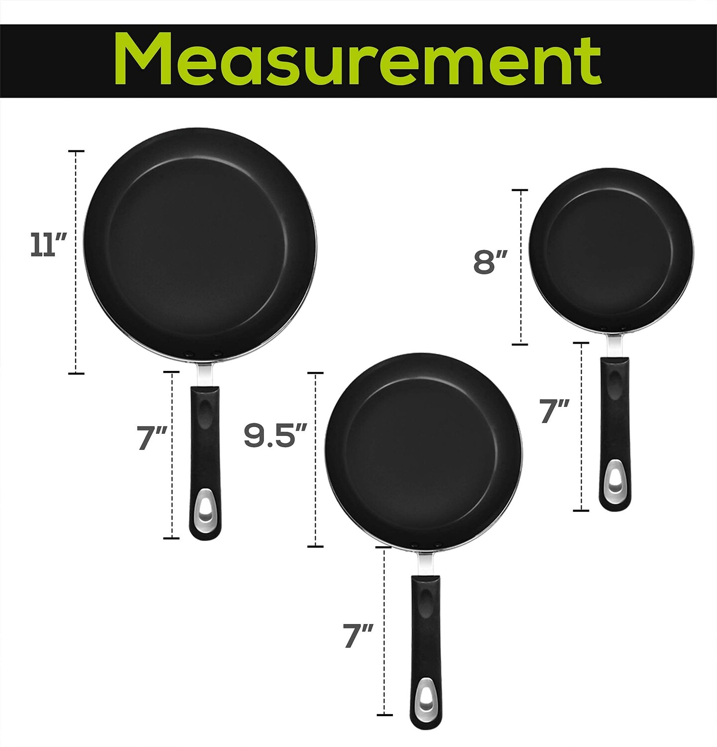 3 Piece Nonstick Frying Pan Set - Induction Bottom - 8 Inches, 9.5 Inches and 11 Inches (Grey-Black)